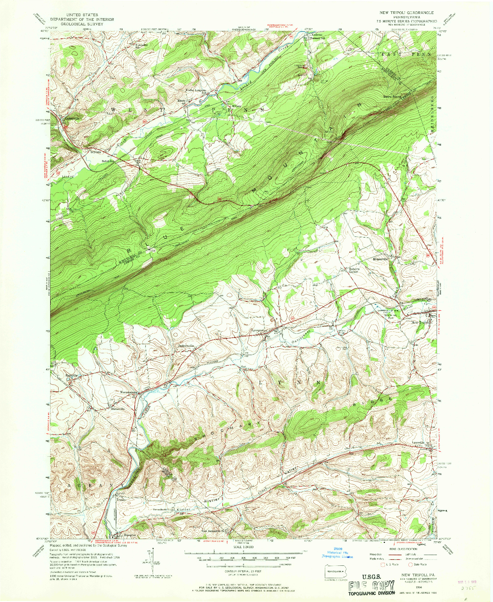 USGS 1:24000-SCALE QUADRANGLE FOR NEW TRIPOLI, PA 1956