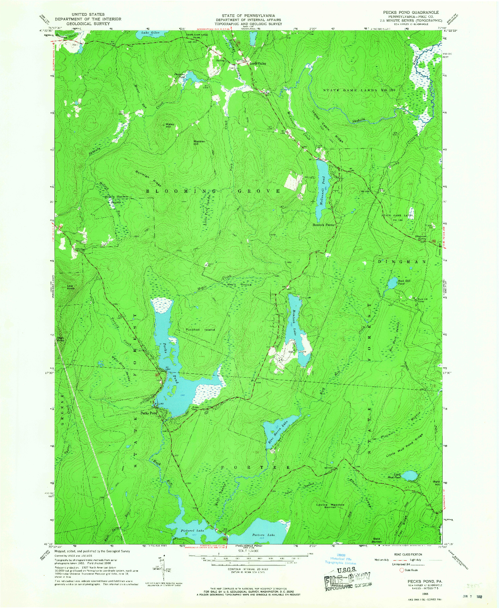 USGS 1:24000-SCALE QUADRANGLE FOR PECKS POND, PA 1966