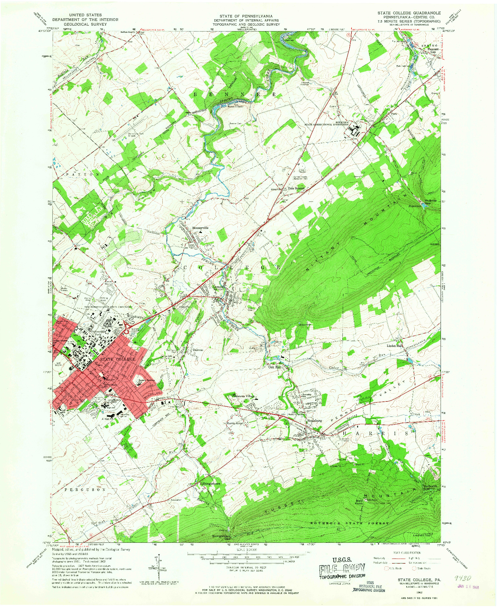 USGS 1:24000-SCALE QUADRANGLE FOR STATE COLLEGE, PA 1962