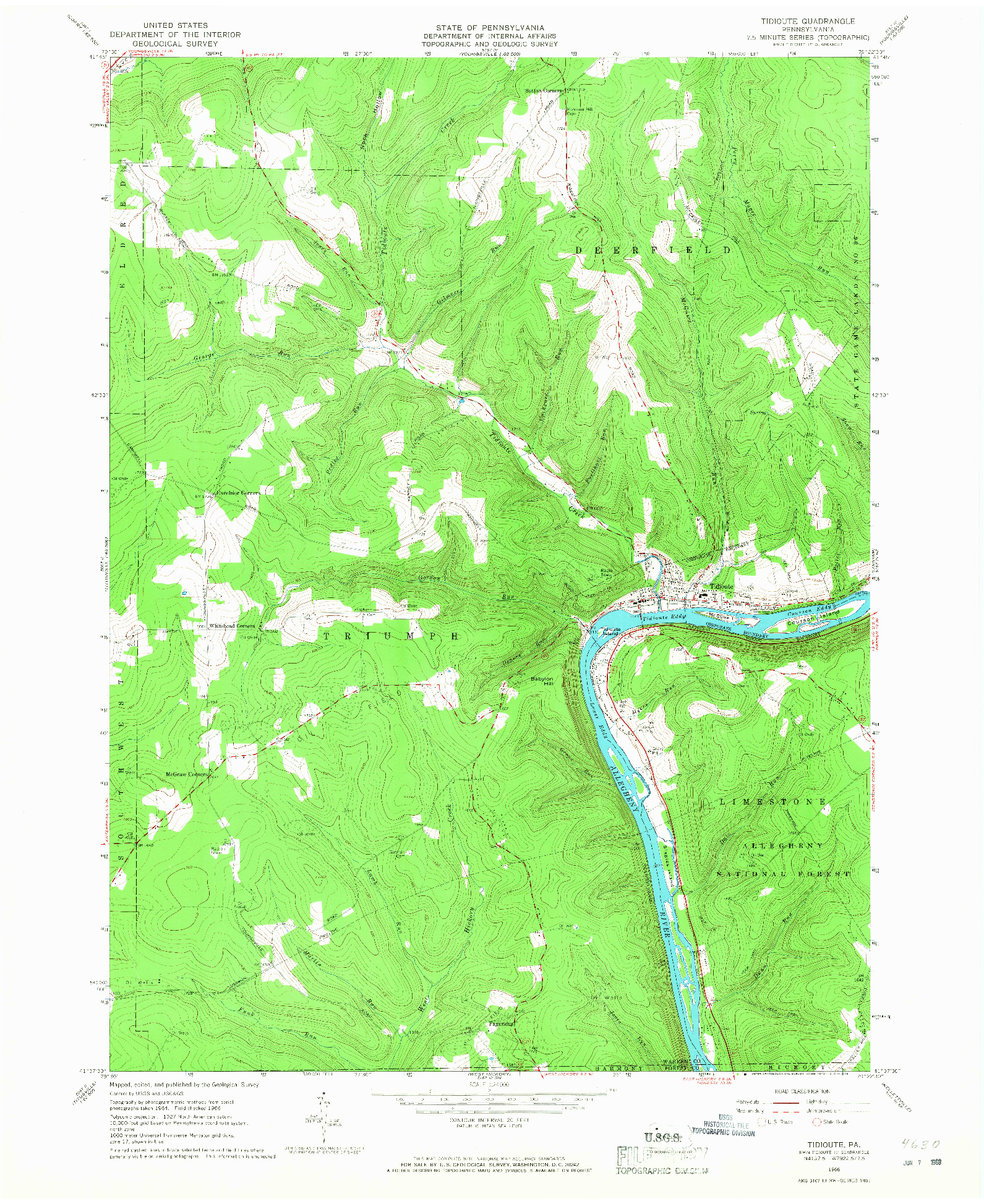 USGS 1:24000-SCALE QUADRANGLE FOR TIDIOUTE, PA 1966