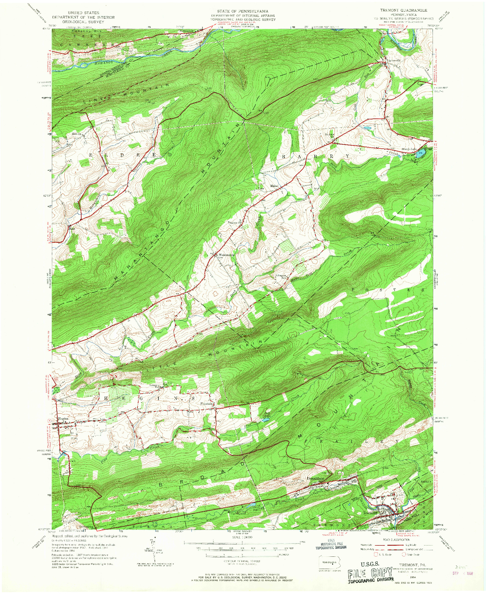 USGS 1:24000-SCALE QUADRANGLE FOR TREMONT, PA 1954