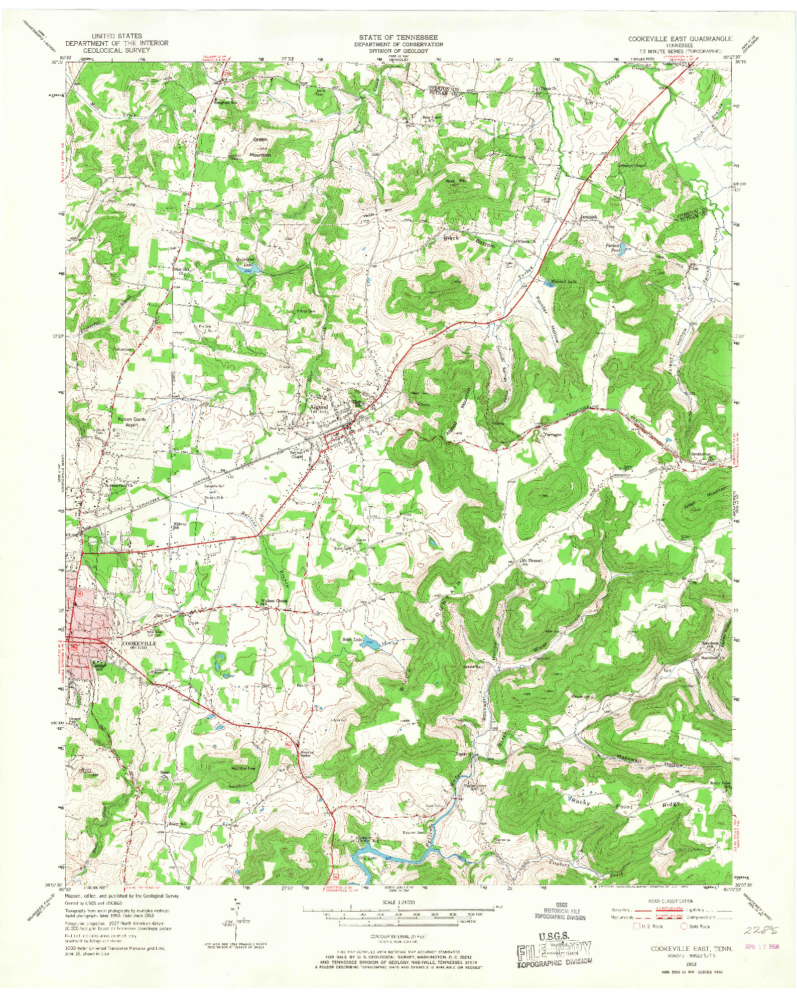 USGS 1:24000-SCALE QUADRANGLE FOR COOKEVILLE EAST, TN 1953