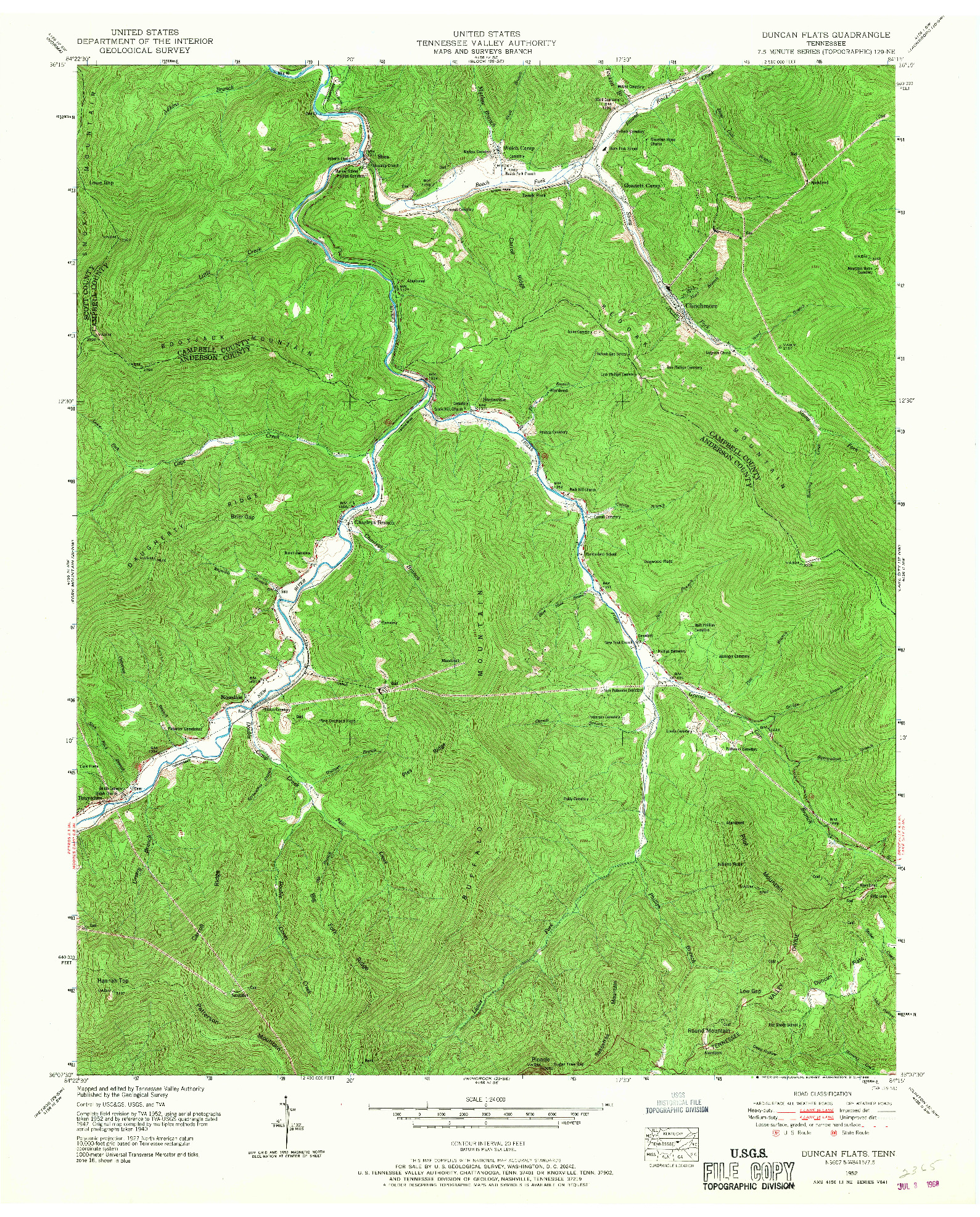 USGS 1:24000-SCALE QUADRANGLE FOR DUNCAN FLATS, TN 1952