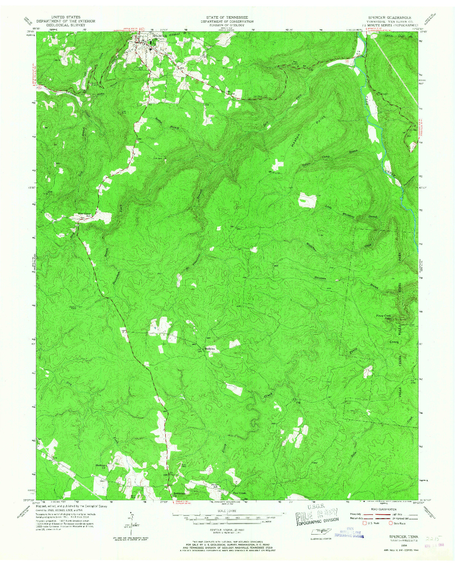 USGS 1:24000-SCALE QUADRANGLE FOR SPENCER, TN 1954