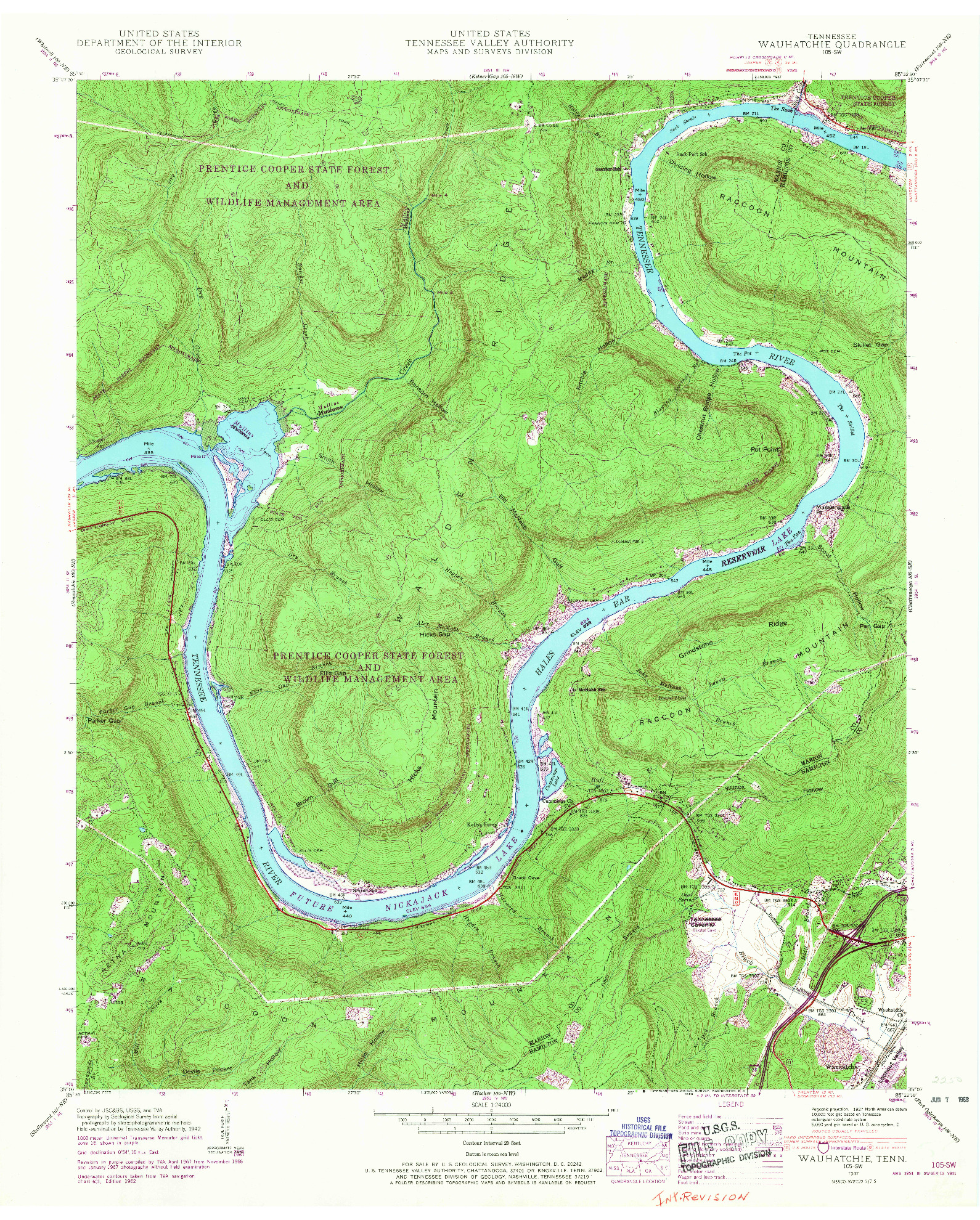 USGS 1:24000-SCALE QUADRANGLE FOR WAUHATCHIE, TN 1942