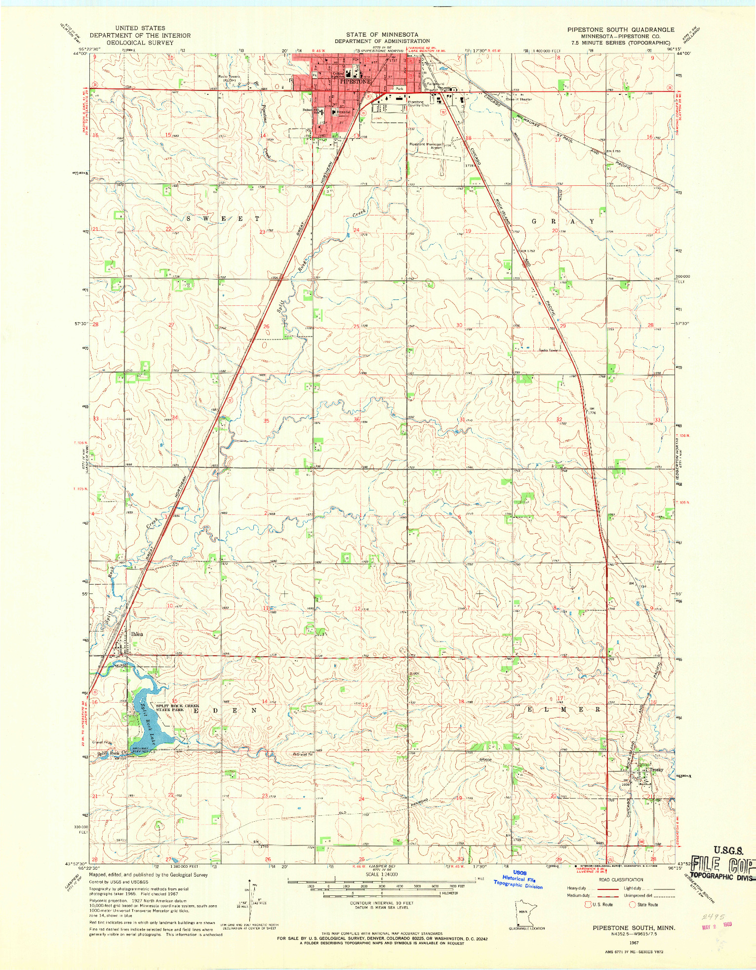USGS 1:24000-SCALE QUADRANGLE FOR PIPESTONE SOUTH, MN 1967