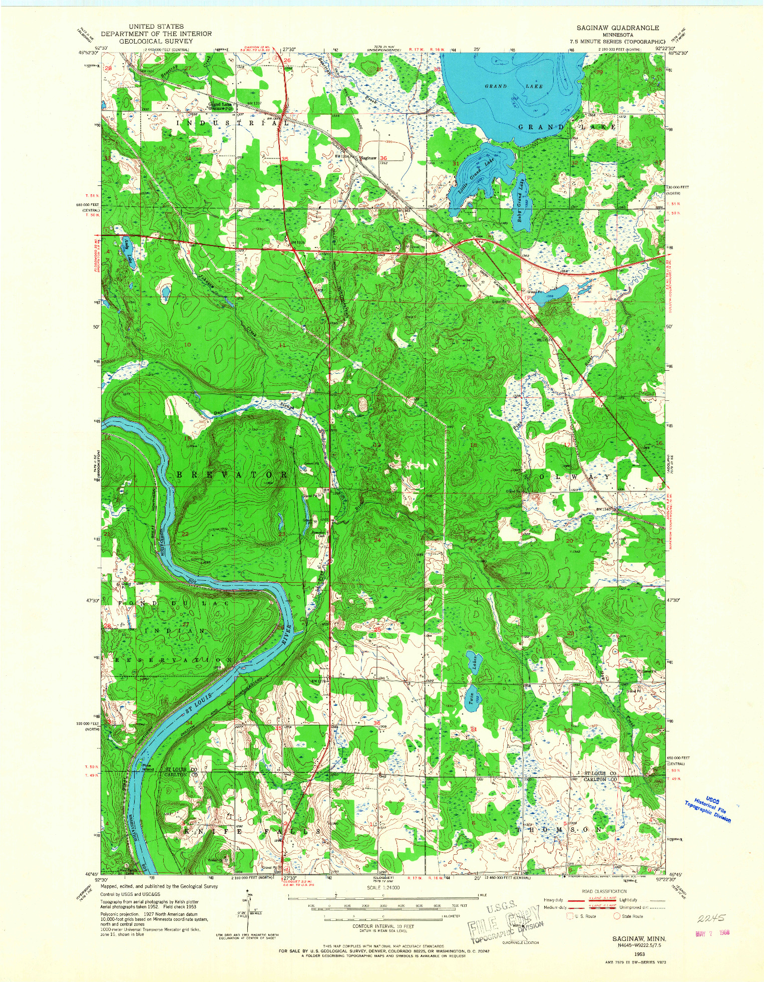 USGS 1:24000-SCALE QUADRANGLE FOR SAGINAW, MN 1953