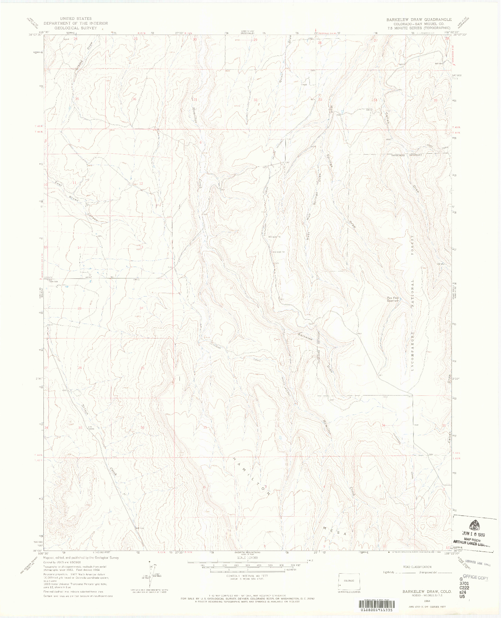 USGS 1:24000-SCALE QUADRANGLE FOR BARKELEW DRAW, CO 1964