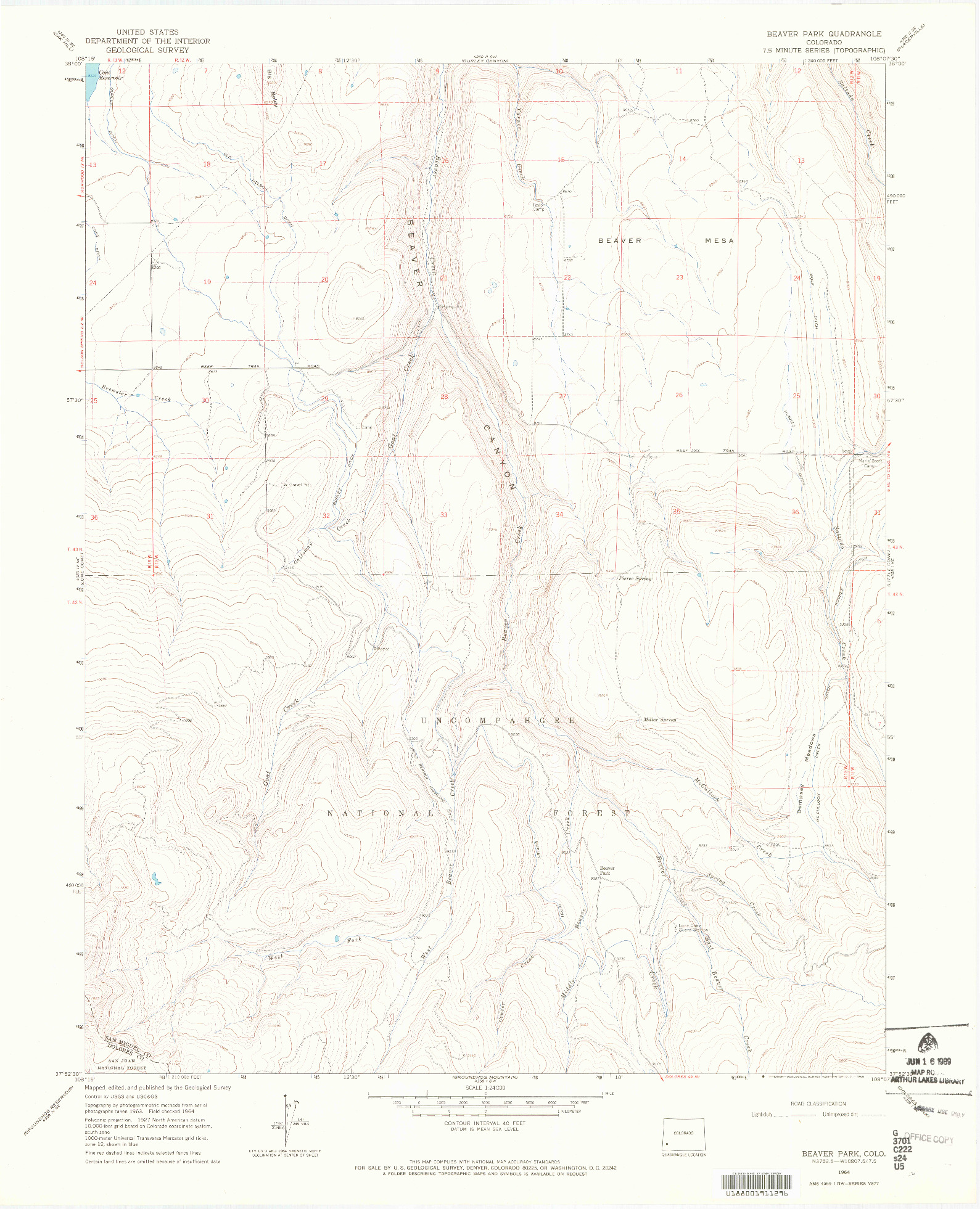 USGS 1:24000-SCALE QUADRANGLE FOR BEAVER PARK, CO 1964