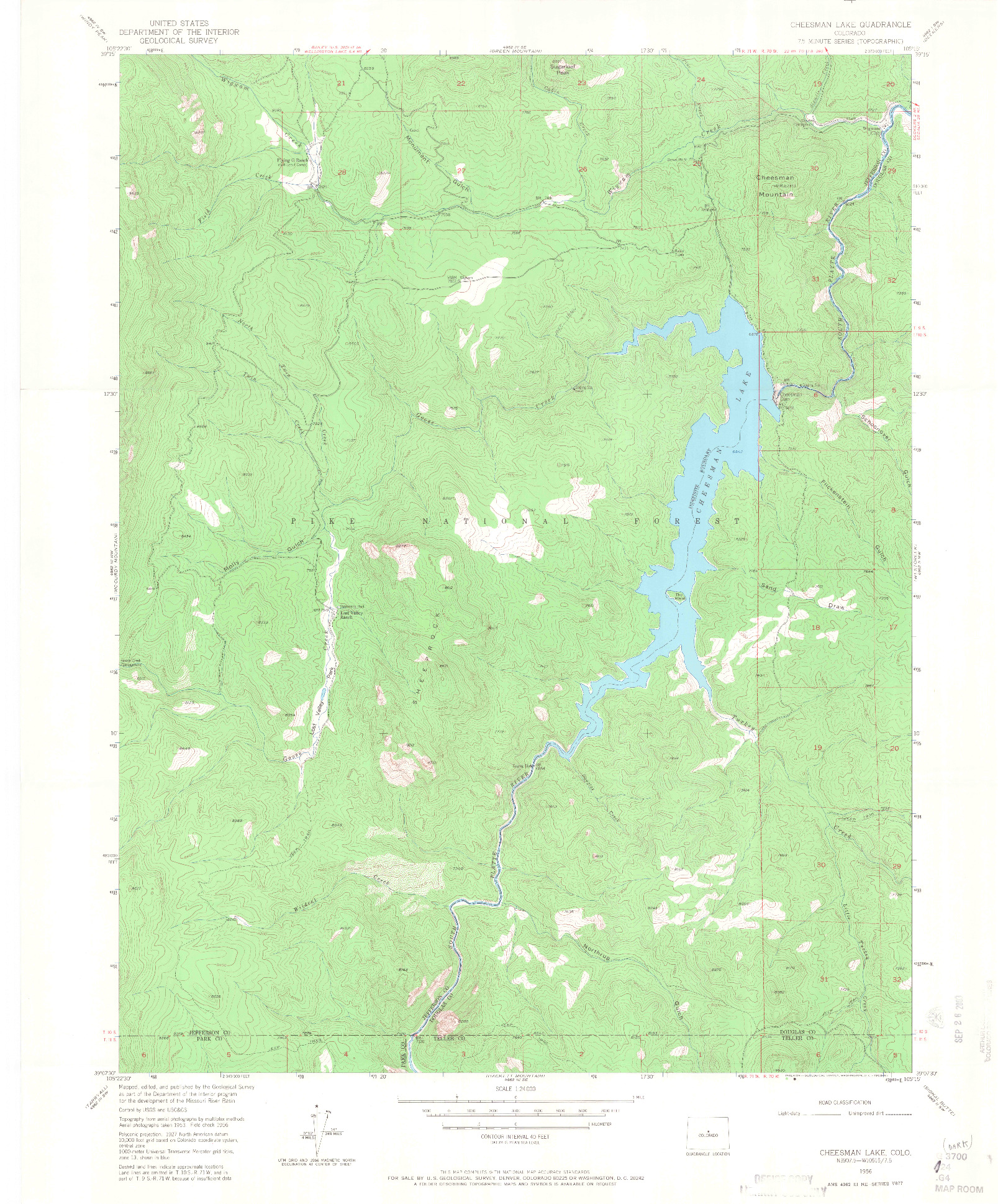 USGS 1:24000-SCALE QUADRANGLE FOR CHEESMAN LAKE, CO 1956