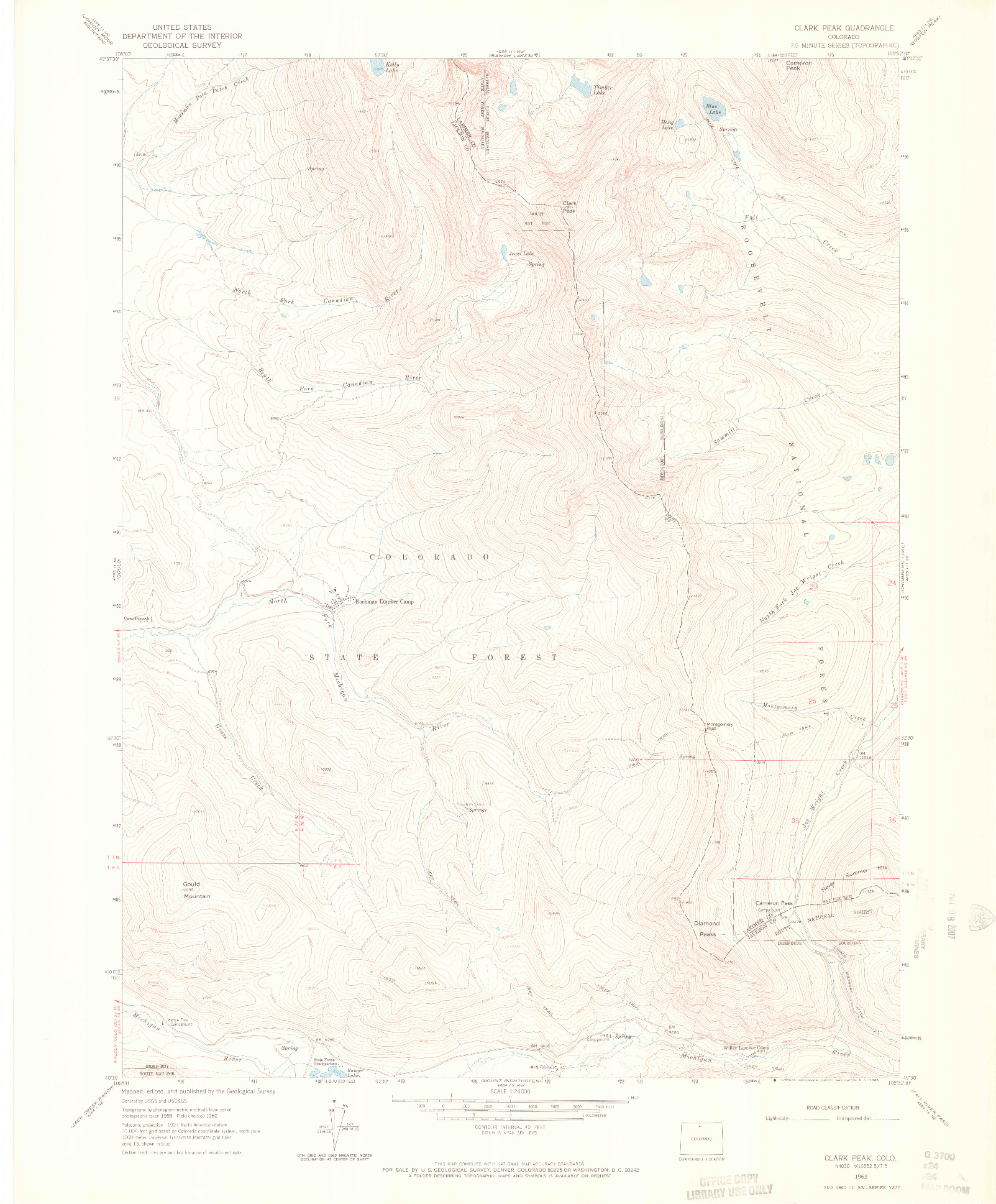 USGS 1:24000-SCALE QUADRANGLE FOR CLARK PEAK, CO 1962