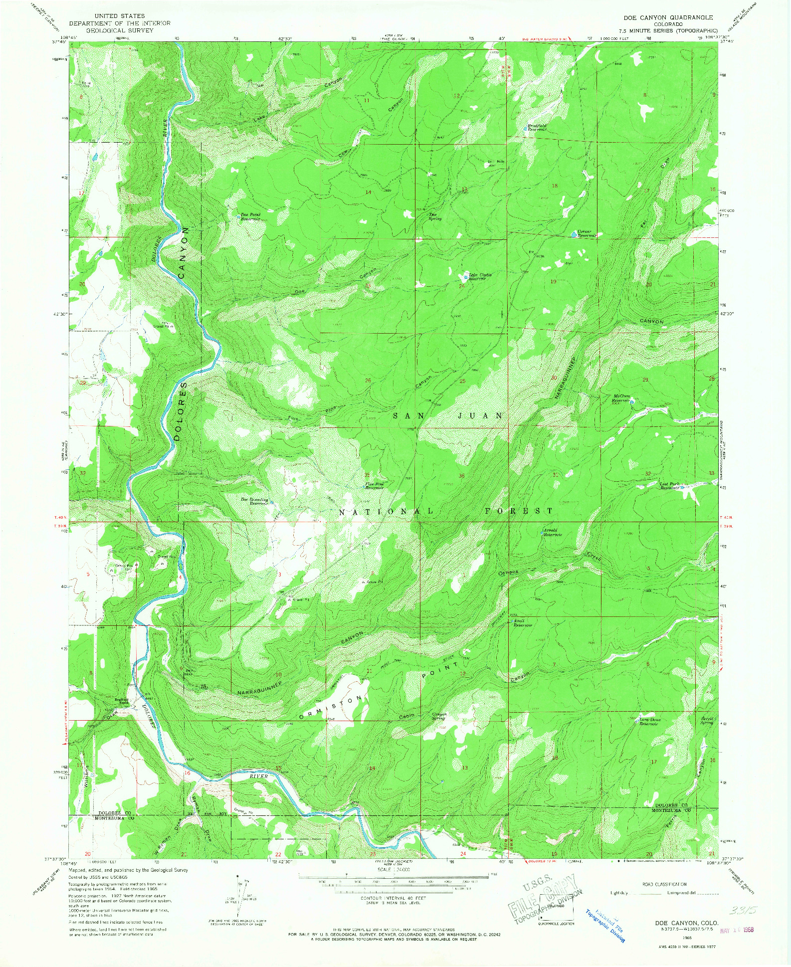 USGS 1:24000-SCALE QUADRANGLE FOR DOE CANYON, CO 1965