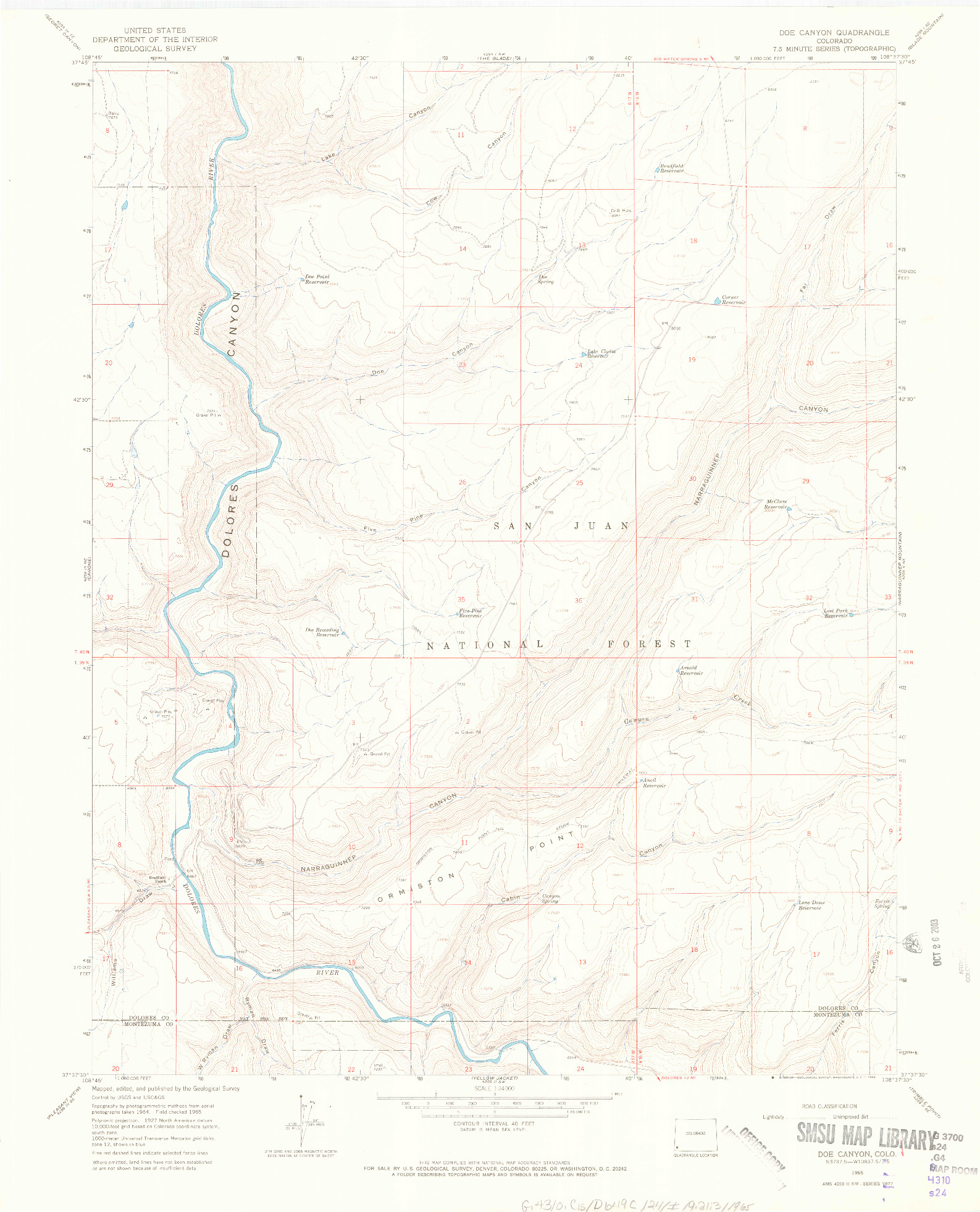 USGS 1:24000-SCALE QUADRANGLE FOR DOE CANYON, CO 1965