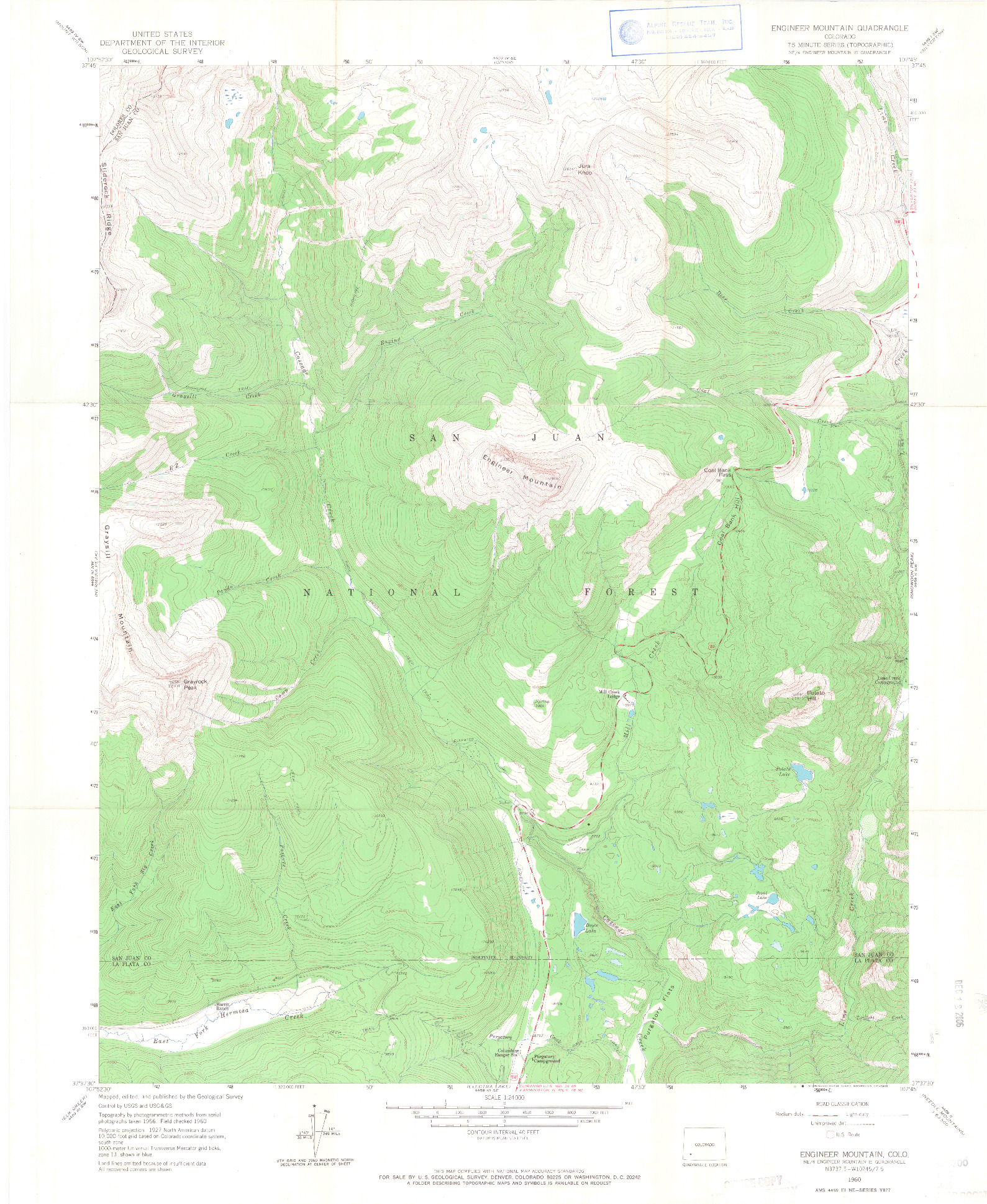 USGS 1:24000-SCALE QUADRANGLE FOR ENGINEER MOUNTAIN, CO 1960