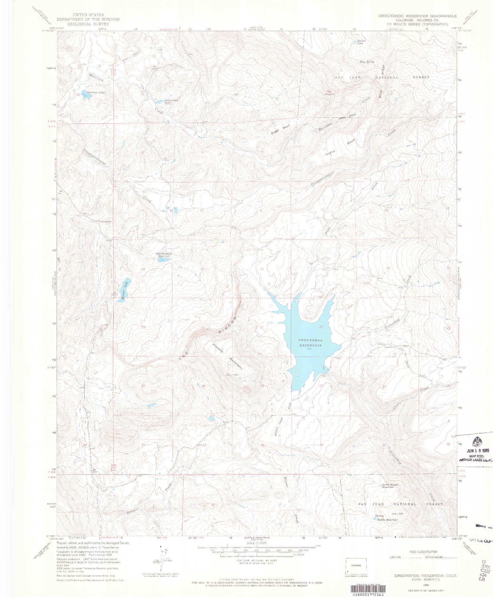 USGS 1:24000-SCALE QUADRANGLE FOR GROUNDHOG RESERVOIR, CO 1964
