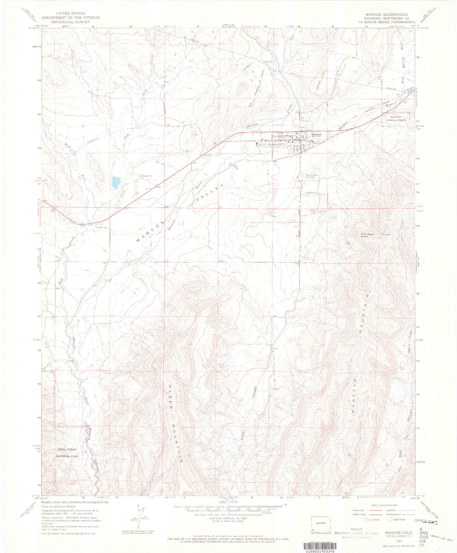 USGS 1:24000-SCALE QUADRANGLE FOR MANCOS, CO 1965