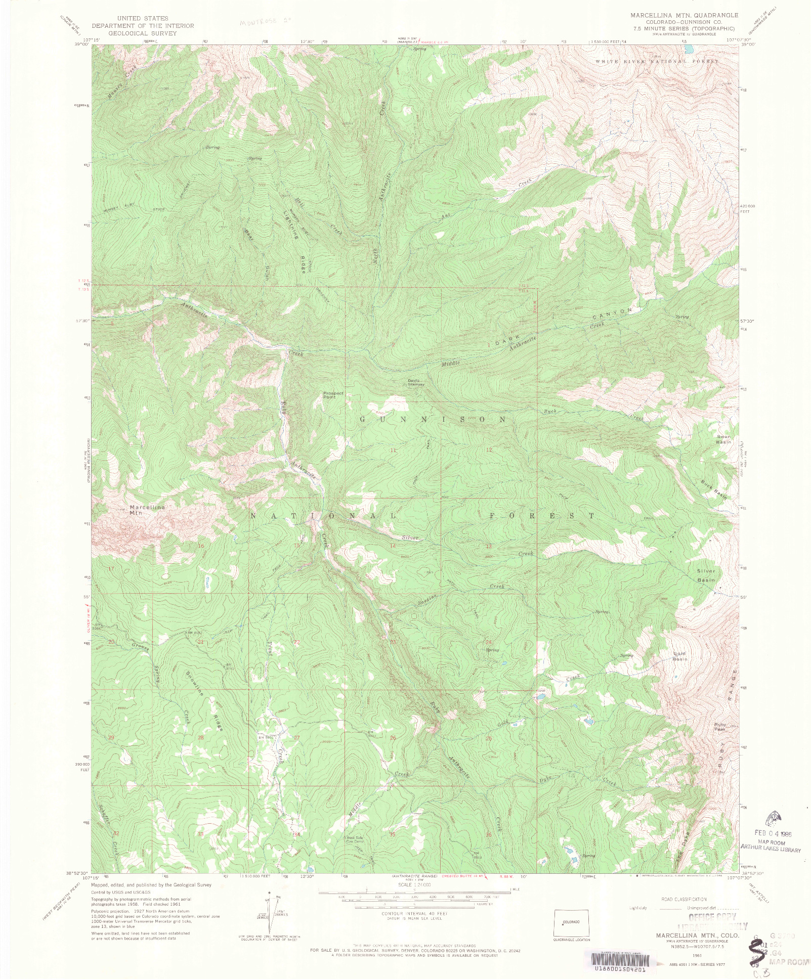 USGS 1:24000-SCALE QUADRANGLE FOR MARCELLINA MOUNTAIN, CO 1961