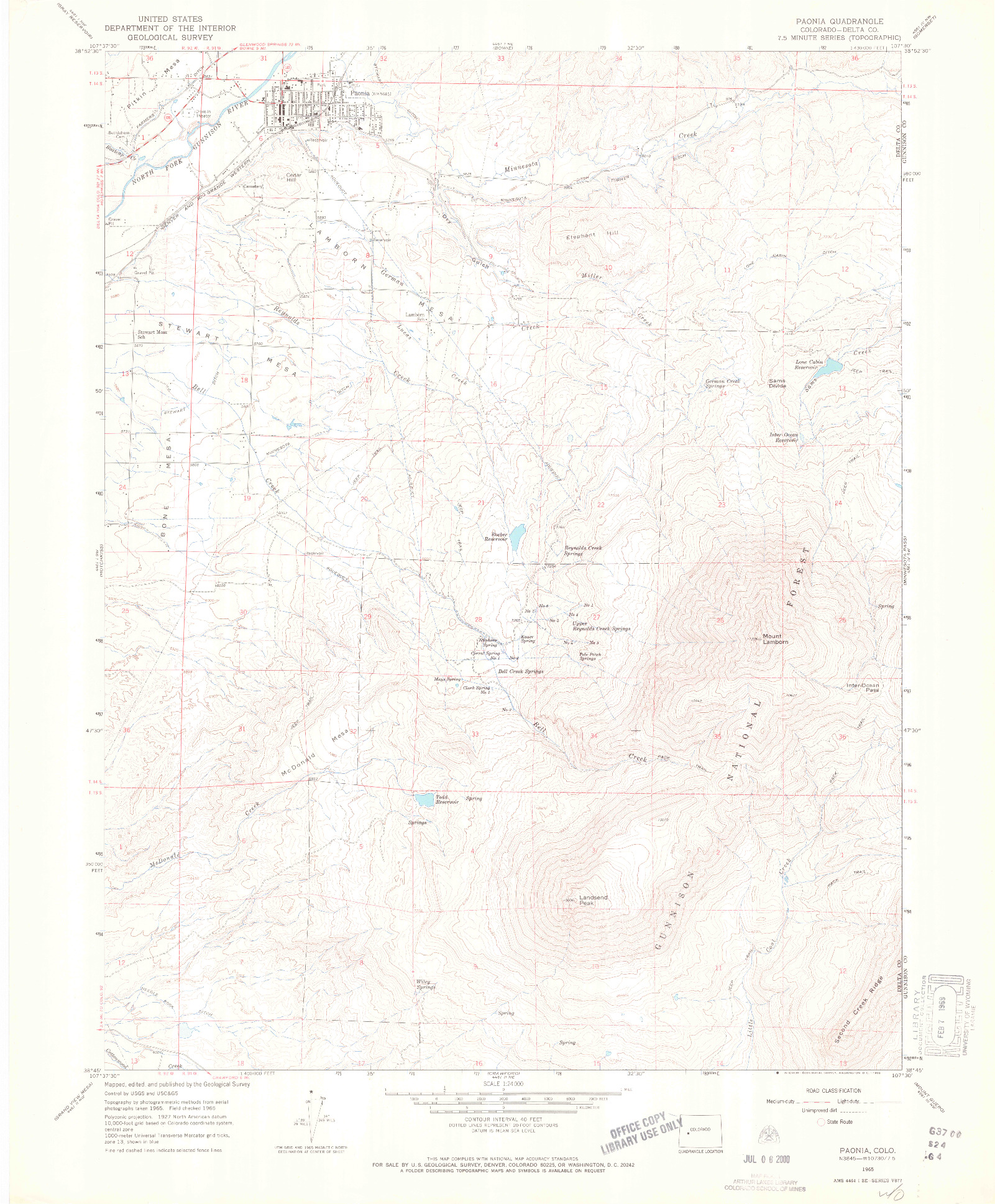 USGS 1:24000-SCALE QUADRANGLE FOR PAONIA, CO 1965