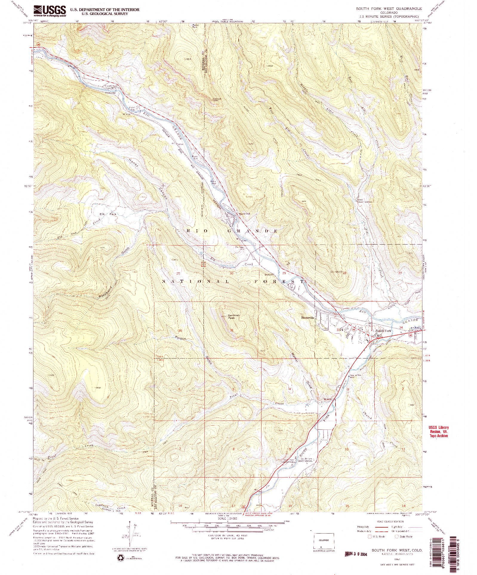 USGS 1:24000-SCALE QUADRANGLE FOR SOUTH FORK WEST, CO 1967