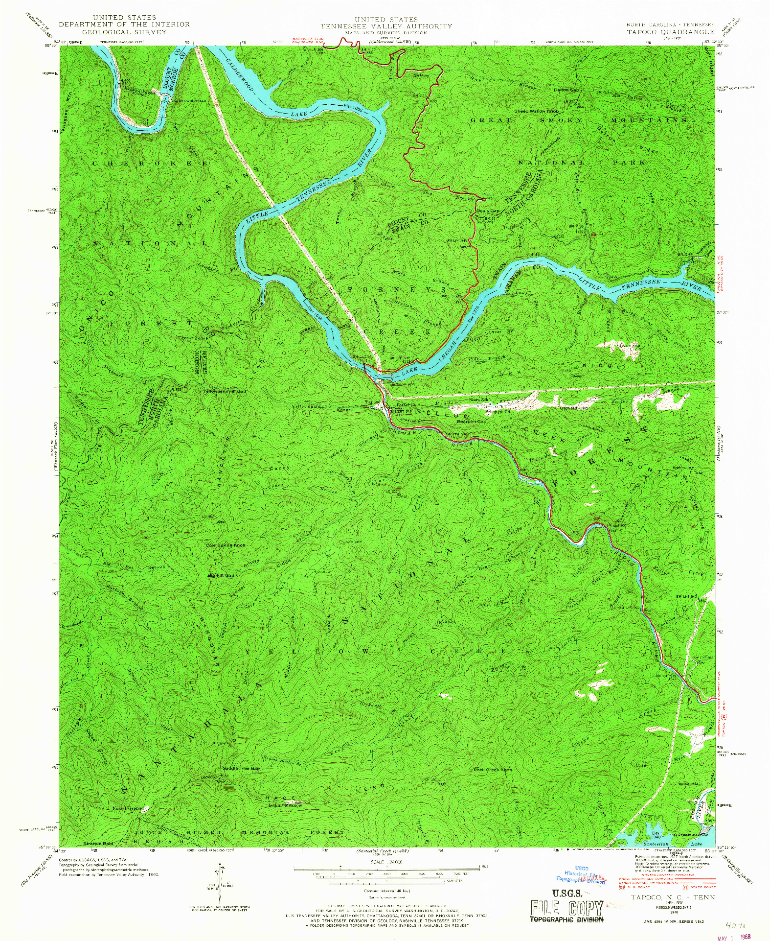 USGS 1:24000-SCALE QUADRANGLE FOR TAPOCO, NC 1940