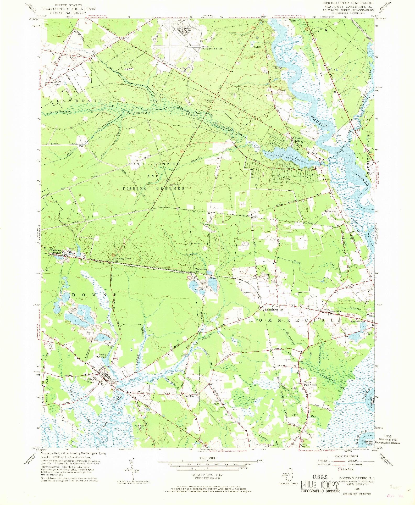 USGS 1:24000-SCALE QUADRANGLE FOR DIVIDING CREEK, NJ 1956