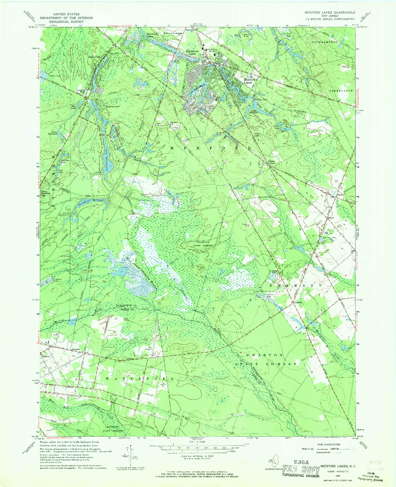 USGS 1:24000-SCALE QUADRANGLE FOR MEDFORD LAKES, NJ 1967