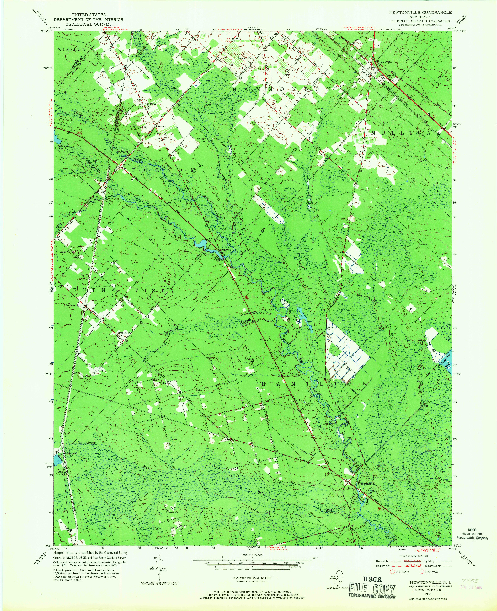 USGS 1:24000-SCALE QUADRANGLE FOR NEWTONVILLE, NJ 1953