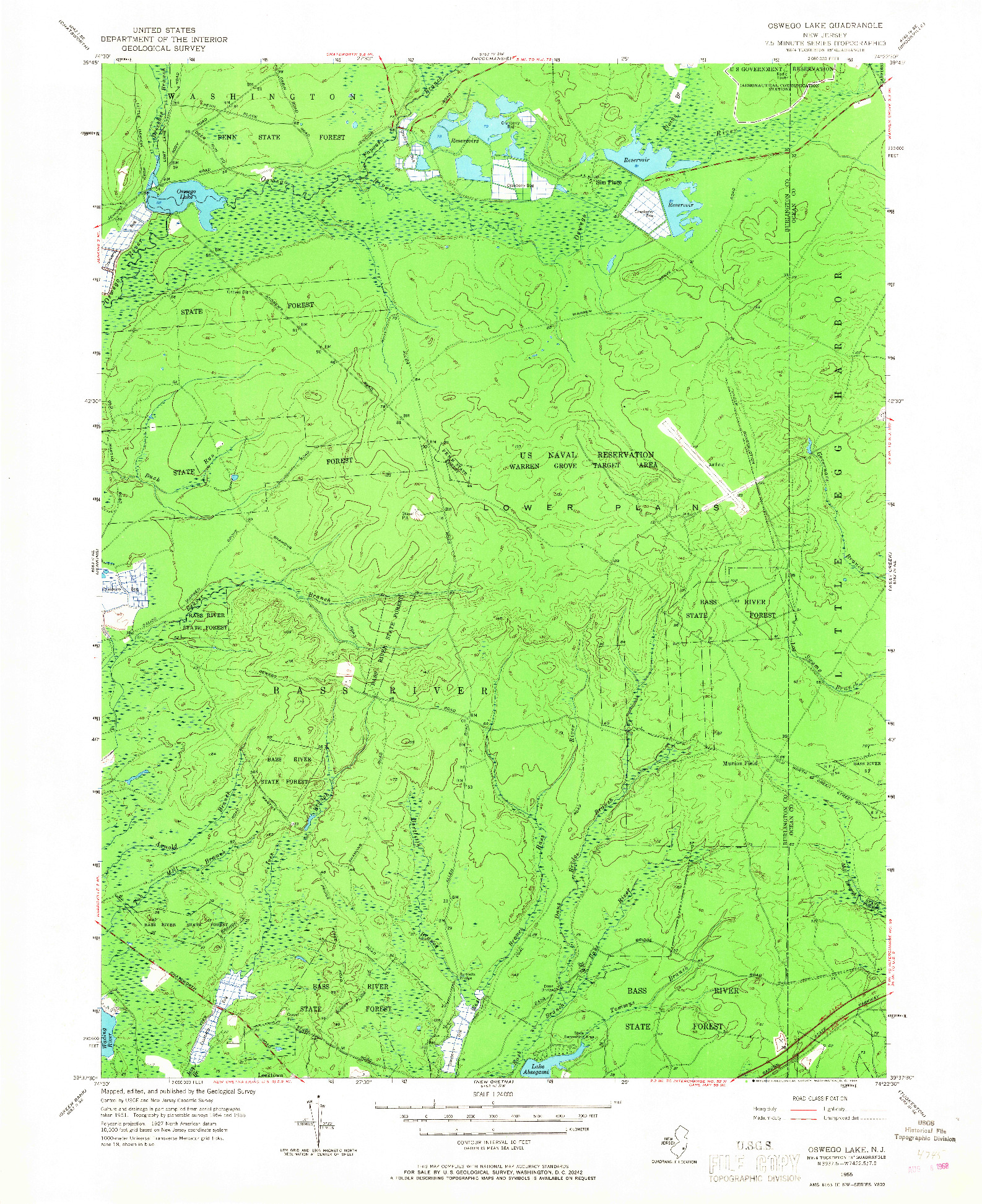 USGS 1:24000-SCALE QUADRANGLE FOR OSWEGO LAKE, NJ 1955