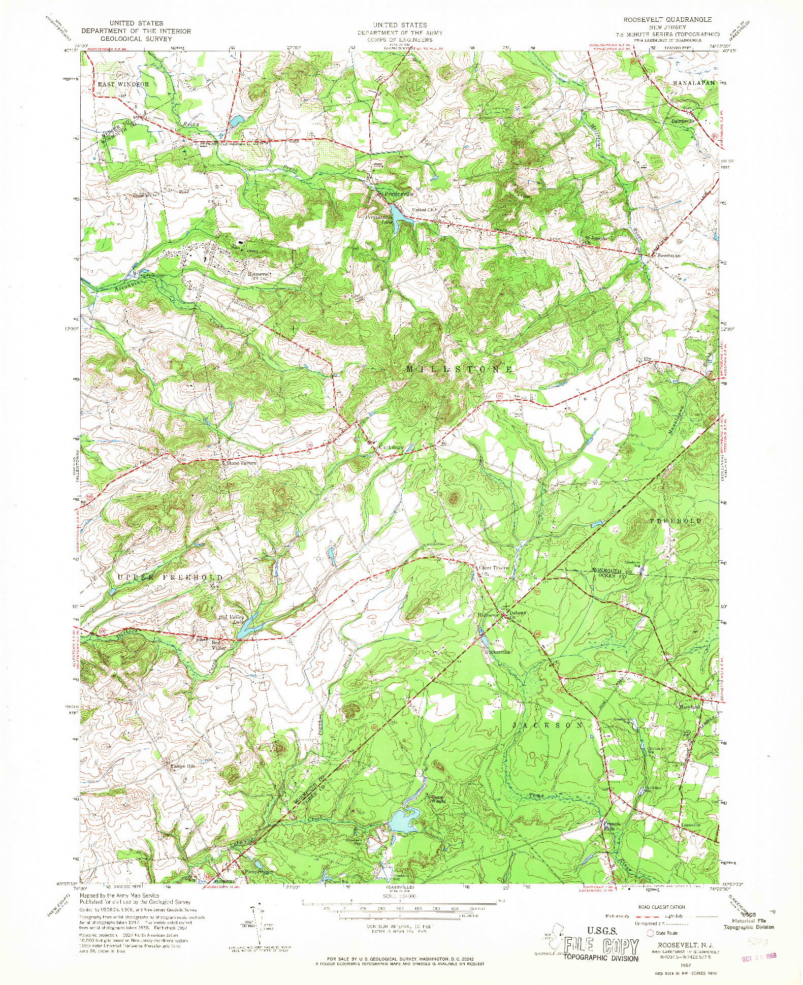 USGS 1:24000-SCALE QUADRANGLE FOR ROOSEVELT, NJ 1957