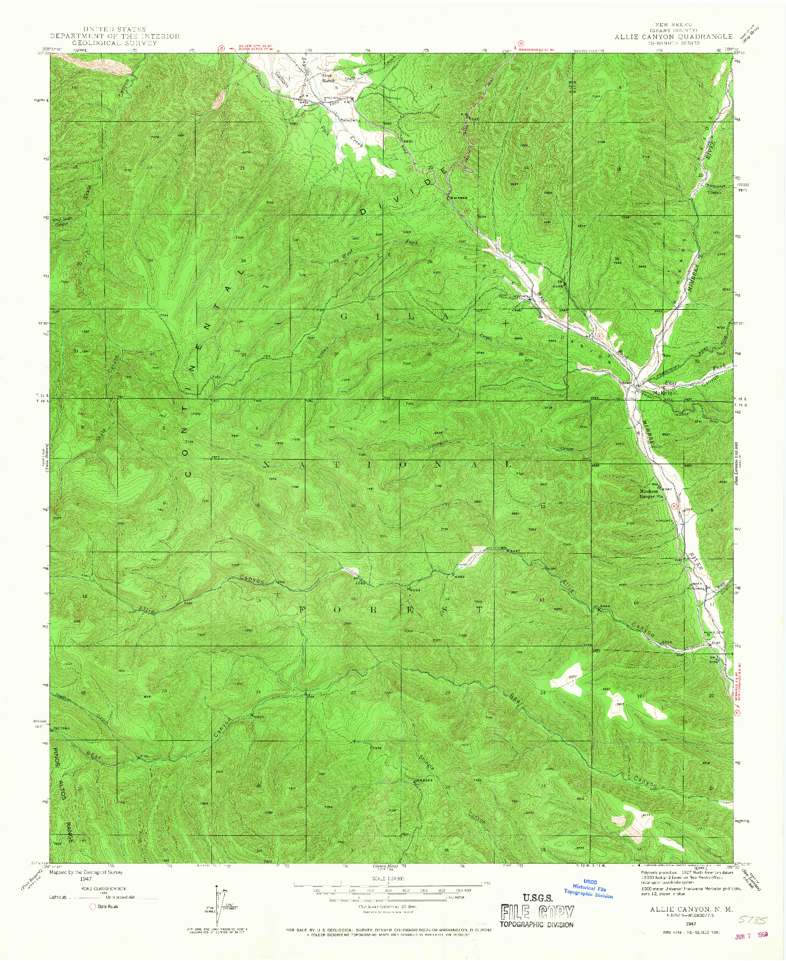 USGS 1:24000-SCALE QUADRANGLE FOR ALLIE CANYON, NM 1947