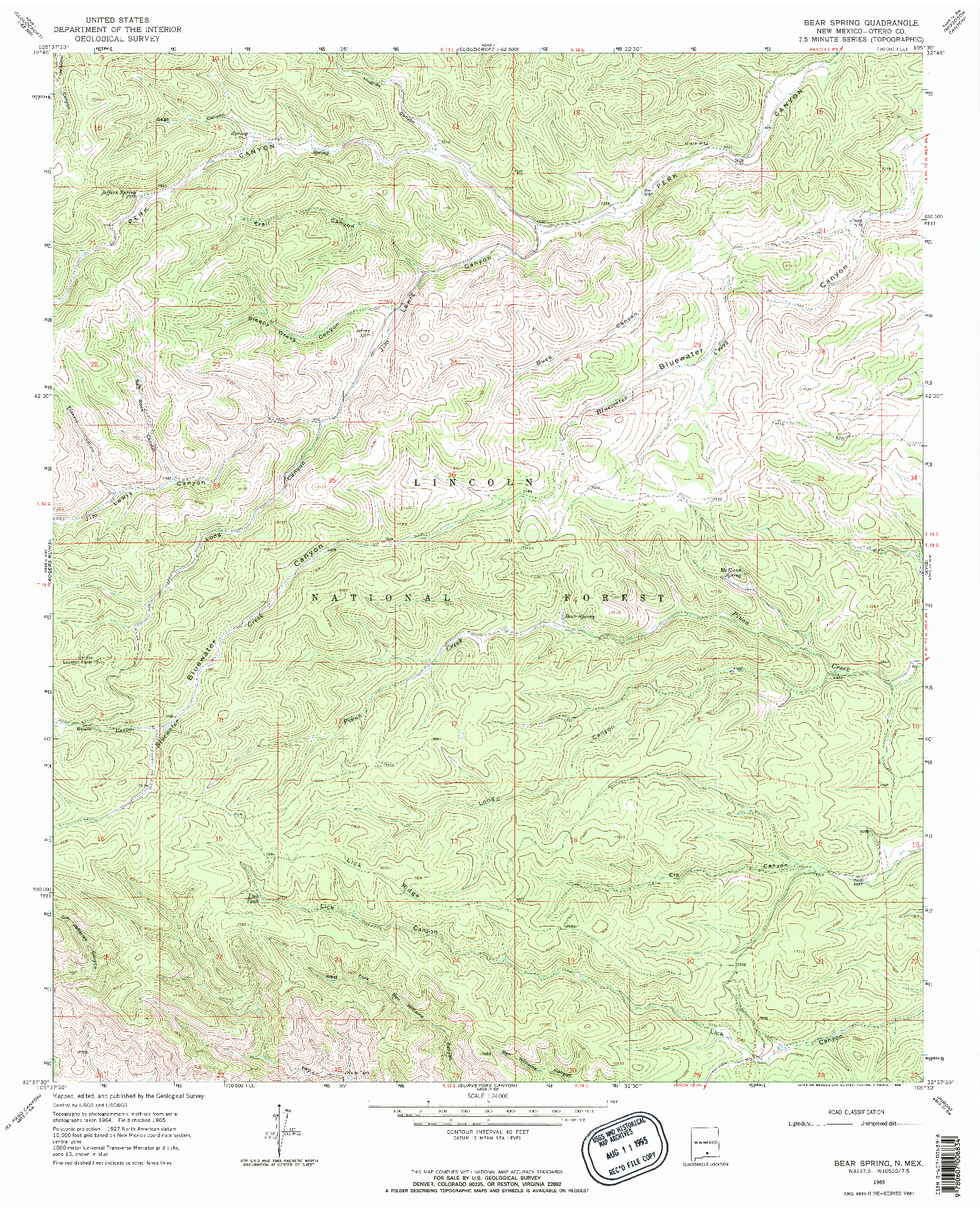 USGS 1:24000-SCALE QUADRANGLE FOR BEAR SPRING, NM 1965