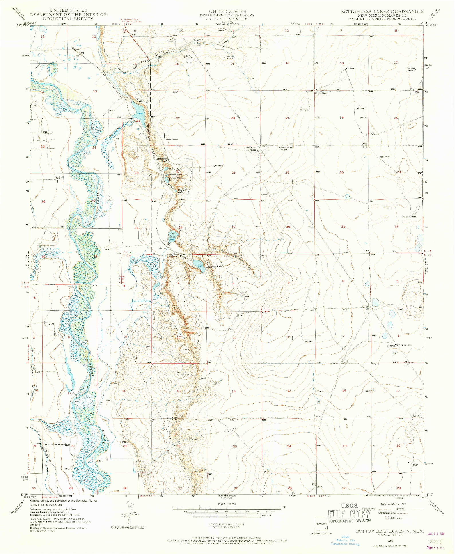 USGS 1:24000-SCALE QUADRANGLE FOR BOTTOMLESS LAKES, NM 1950