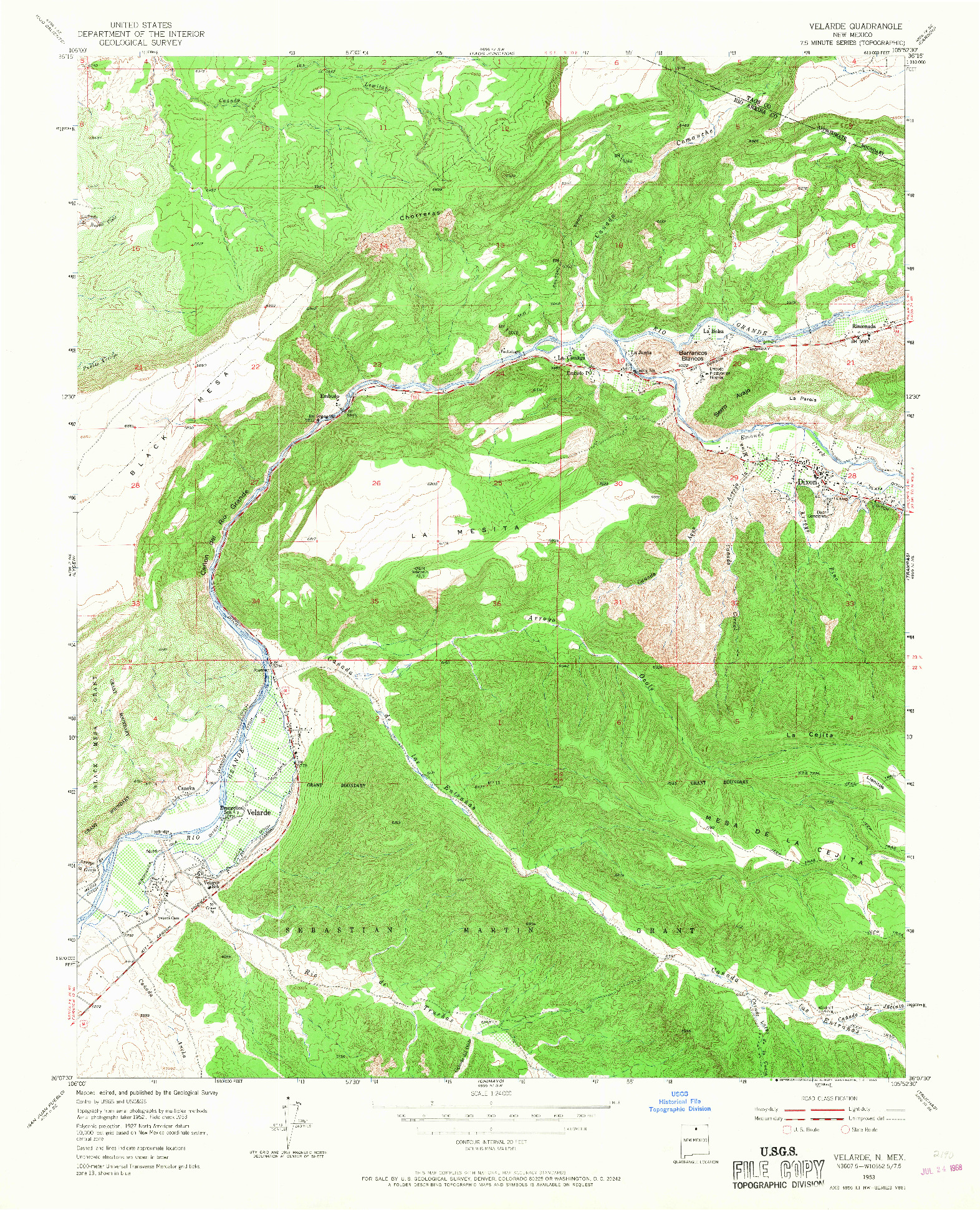 USGS 1:24000-SCALE QUADRANGLE FOR VELARDE, NM 1953