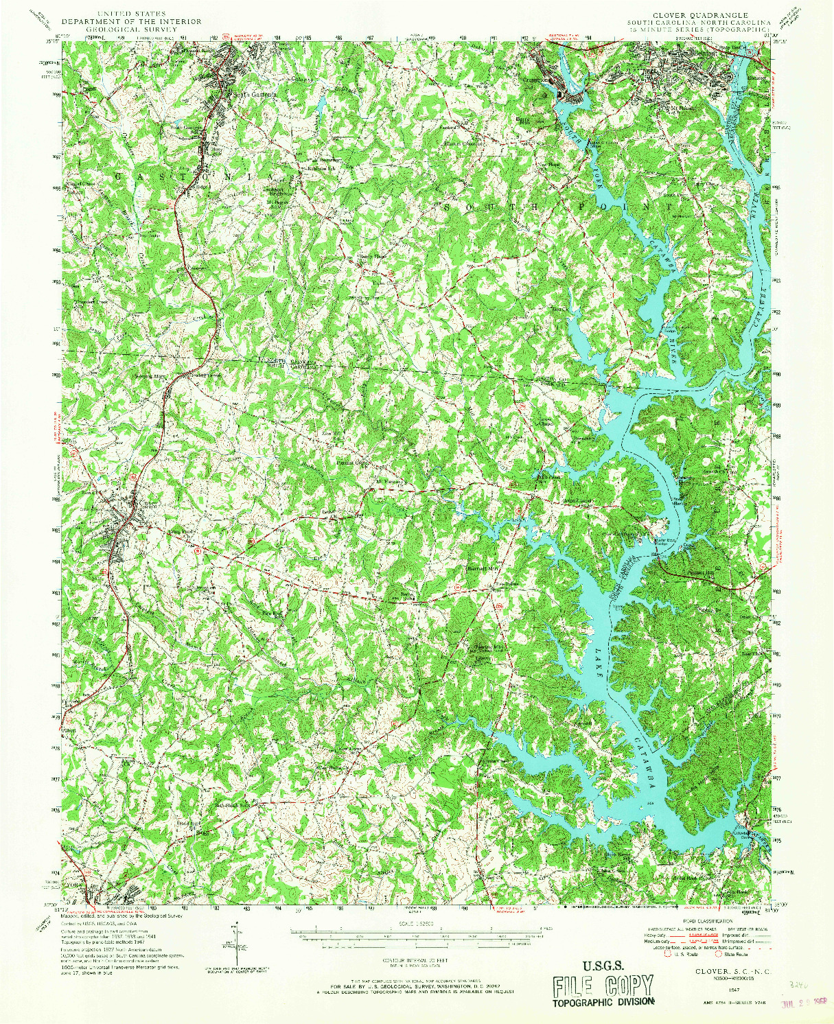 USGS 1:62500-SCALE QUADRANGLE FOR CLOVER, SC 1947