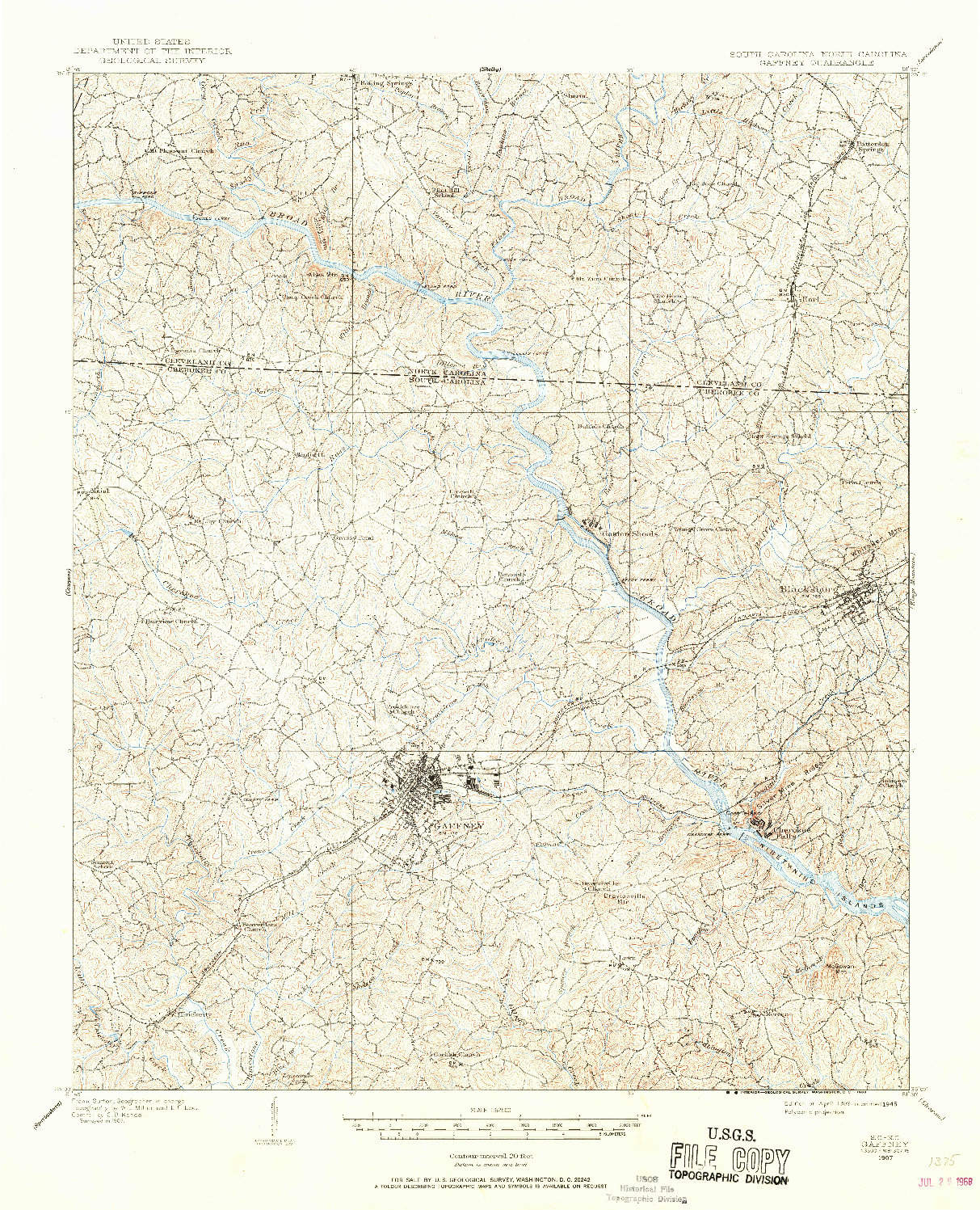 USGS 1:62500-SCALE QUADRANGLE FOR GAFFNEY, SC 1909