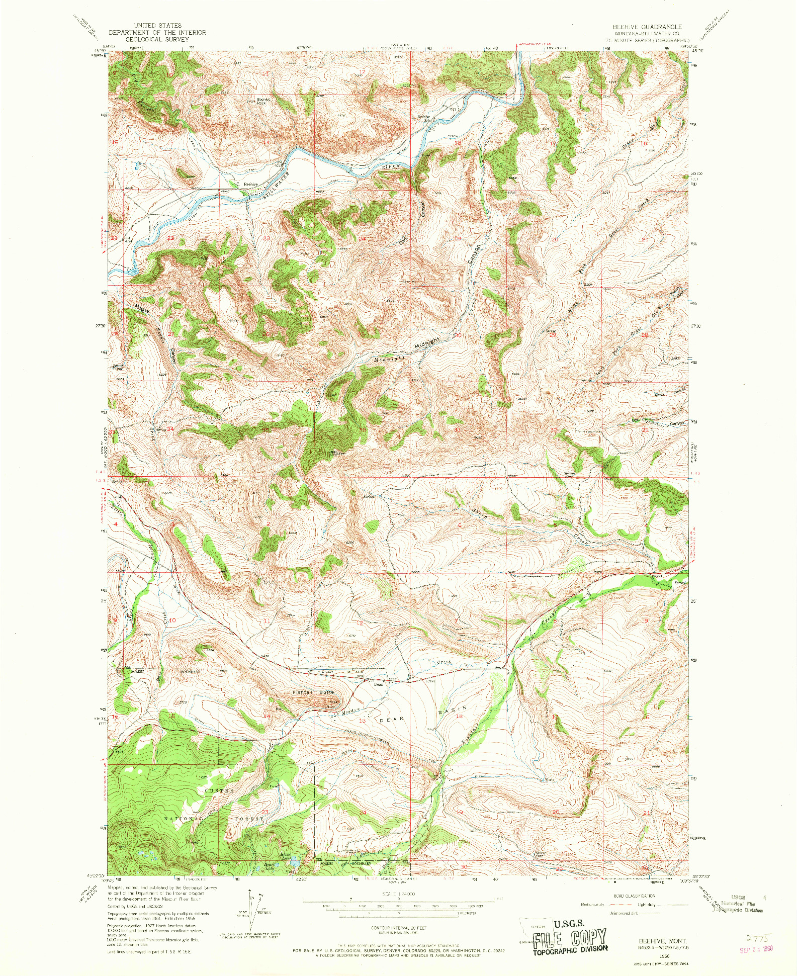 USGS 1:24000-SCALE QUADRANGLE FOR BEEHIVE, MT 1956