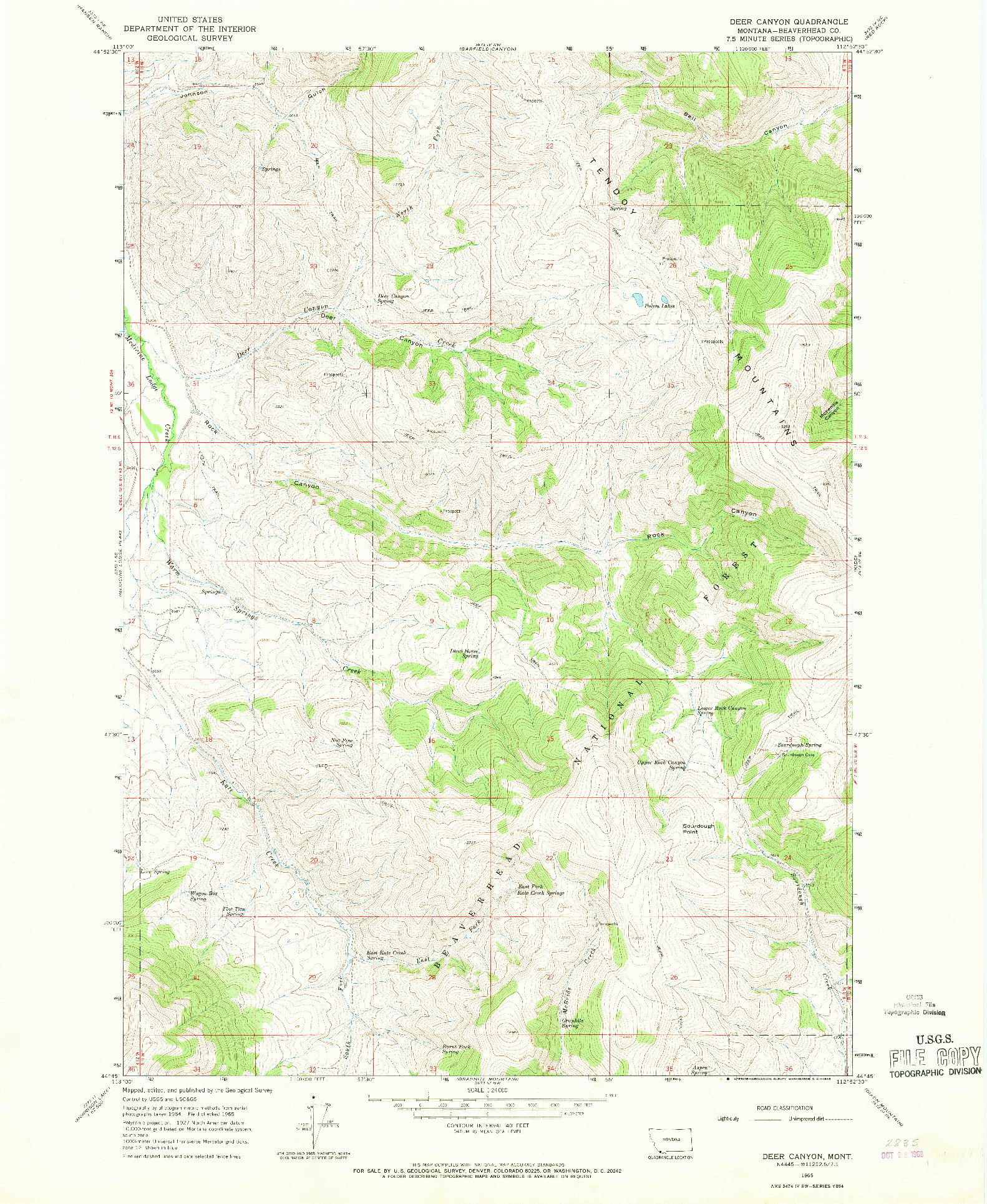 USGS 1:24000-SCALE QUADRANGLE FOR DEER CANYON, MT 1965