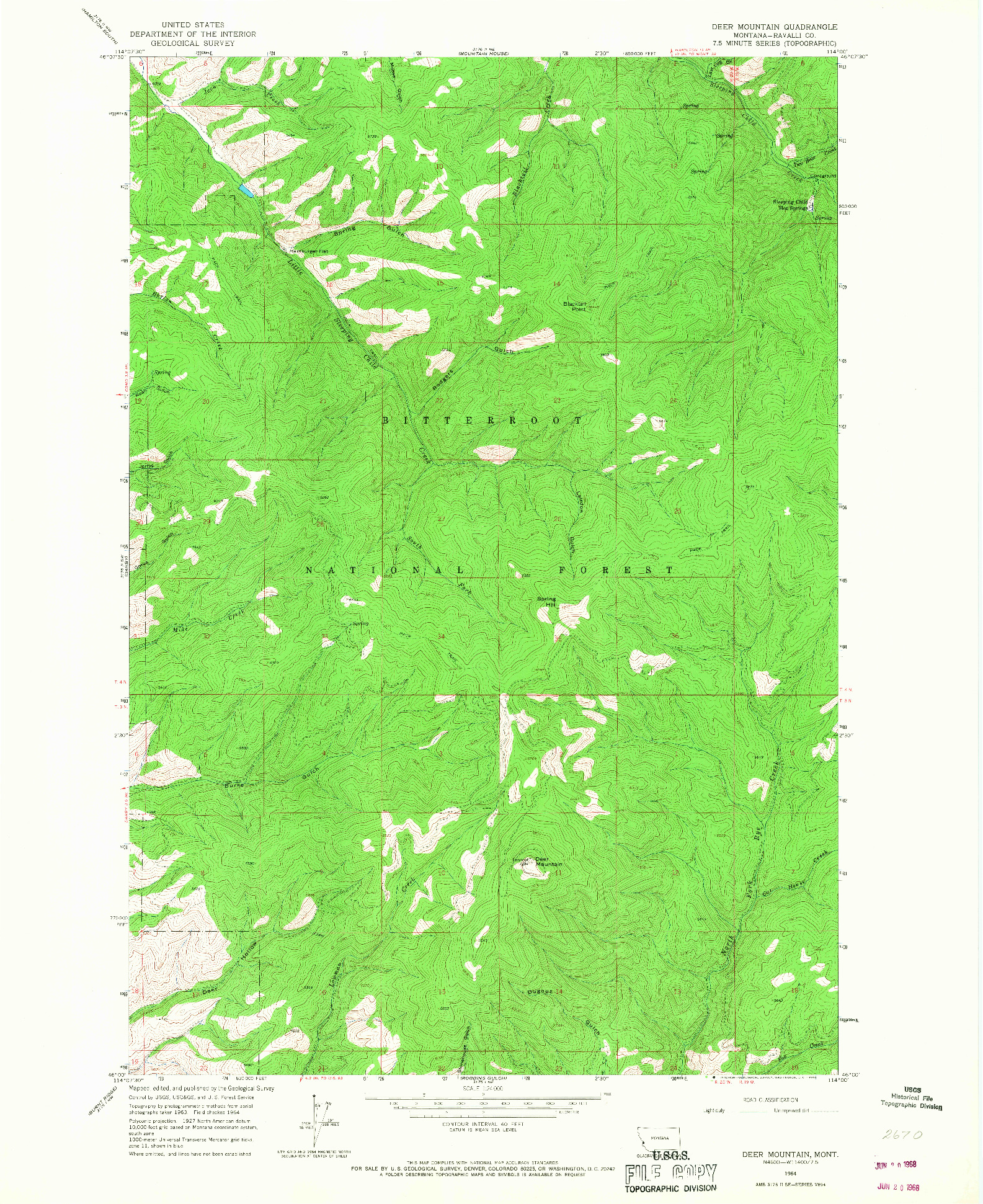 USGS 1:24000-SCALE QUADRANGLE FOR DEER MOUNTAIN, MT 1964