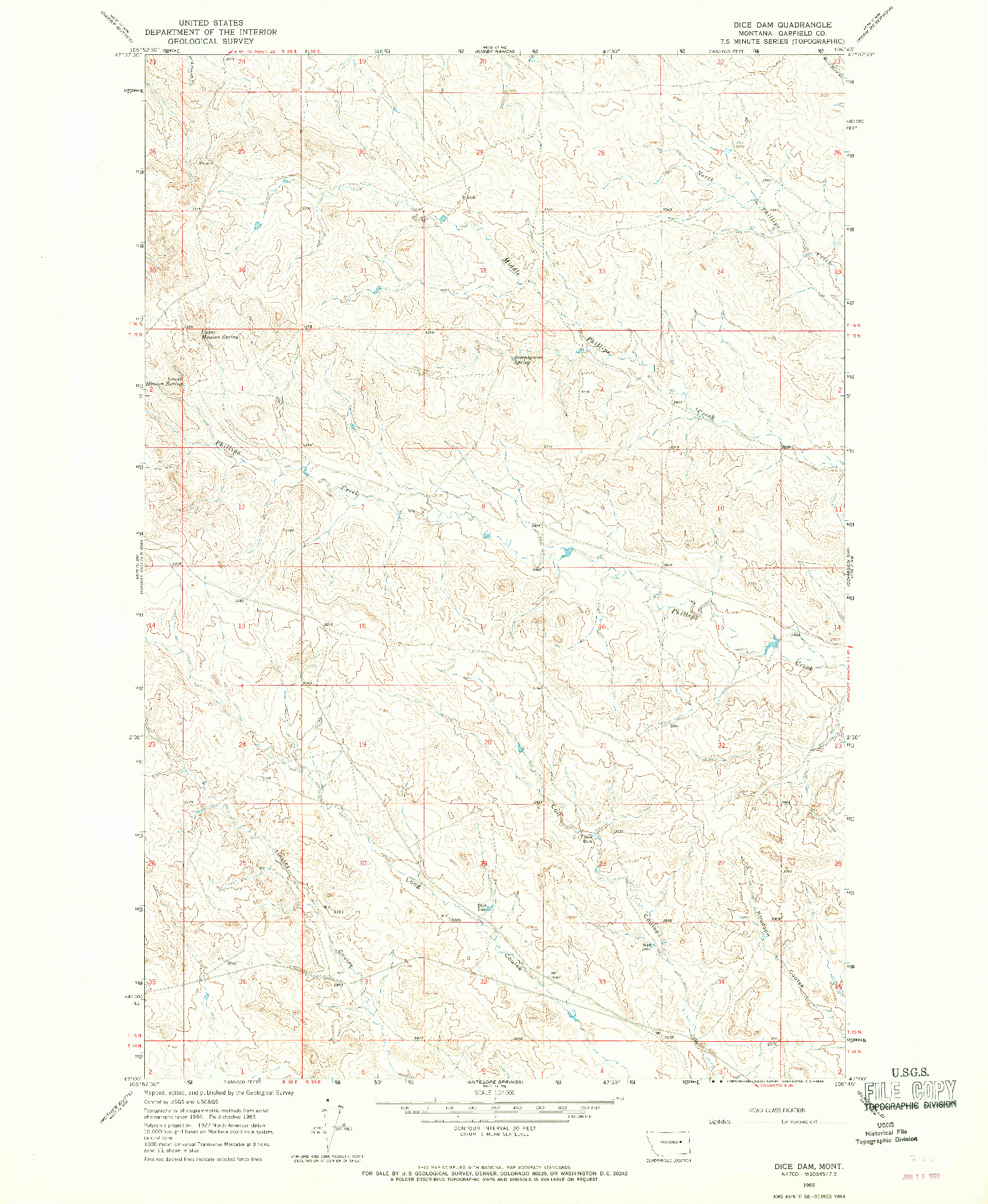 USGS 1:24000-SCALE QUADRANGLE FOR DICE DAM, MT 1965