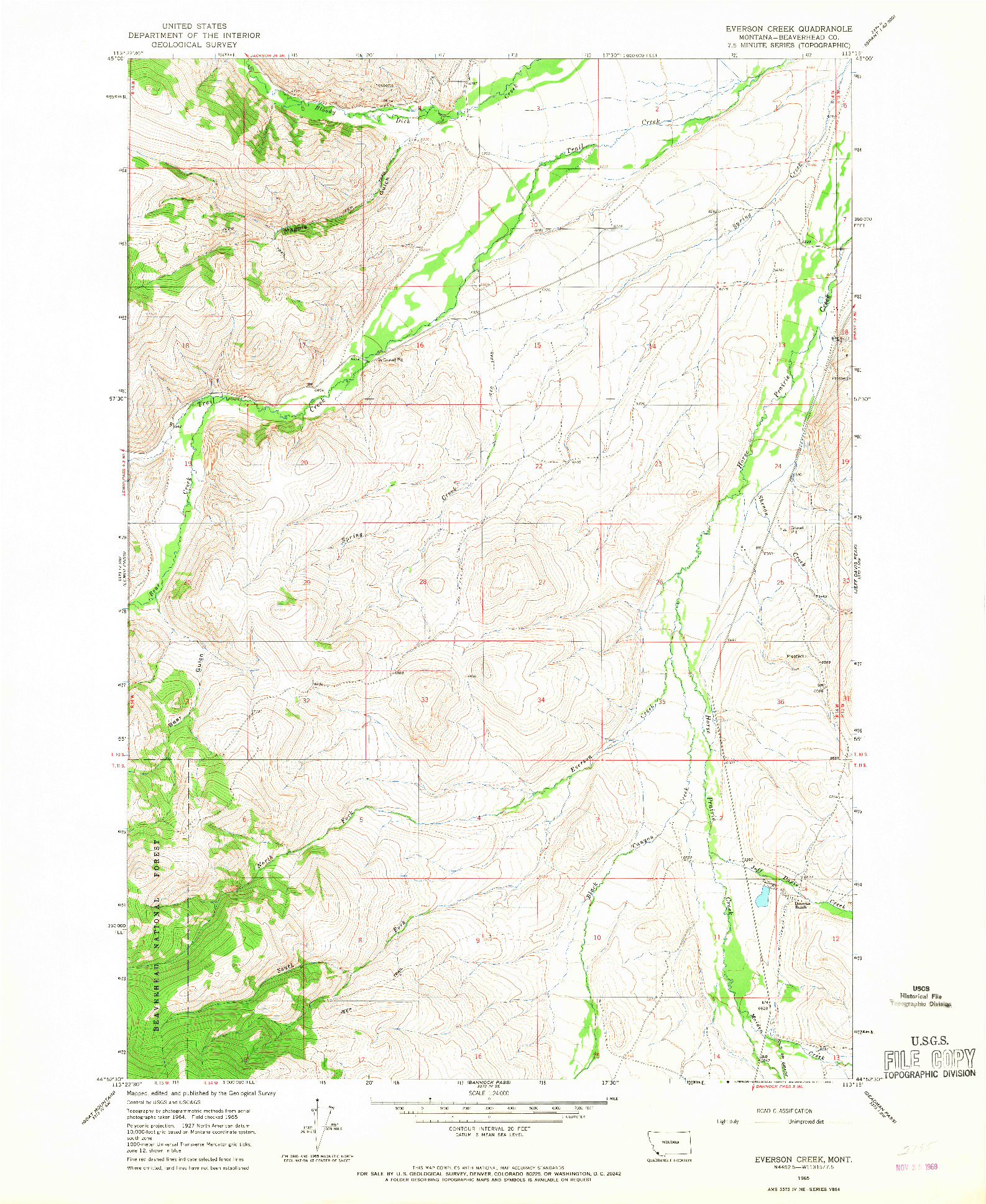 USGS 1:24000-SCALE QUADRANGLE FOR EVERSON CREEK, MT 1965