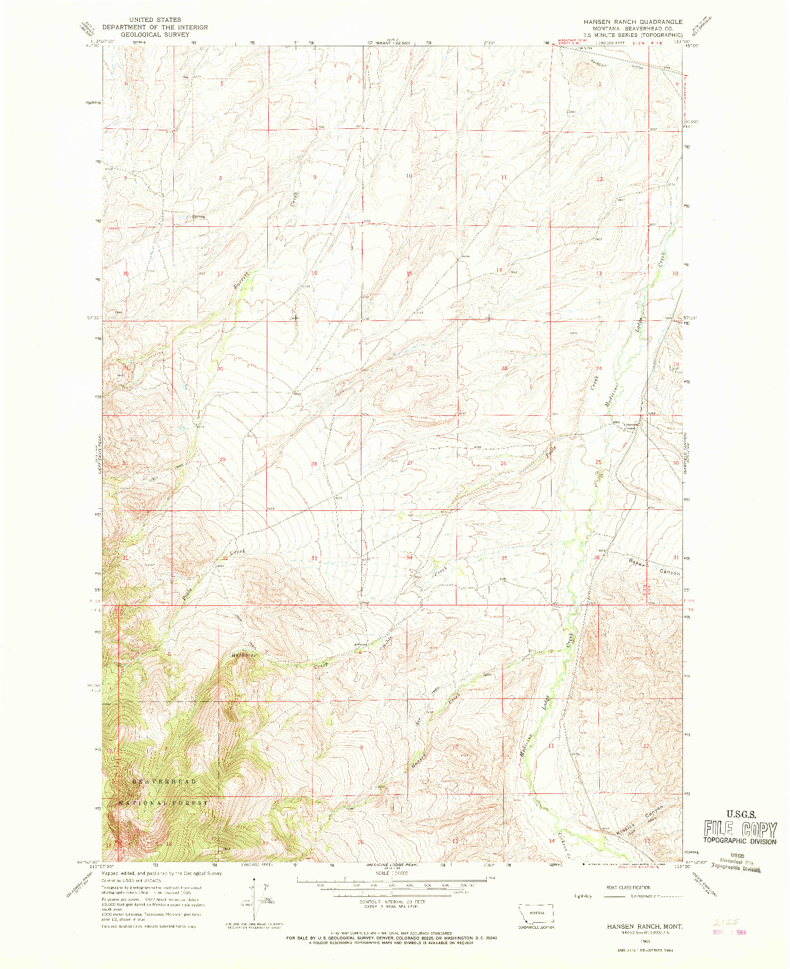 USGS 1:24000-SCALE QUADRANGLE FOR HANSEN RANCH, MT 1965