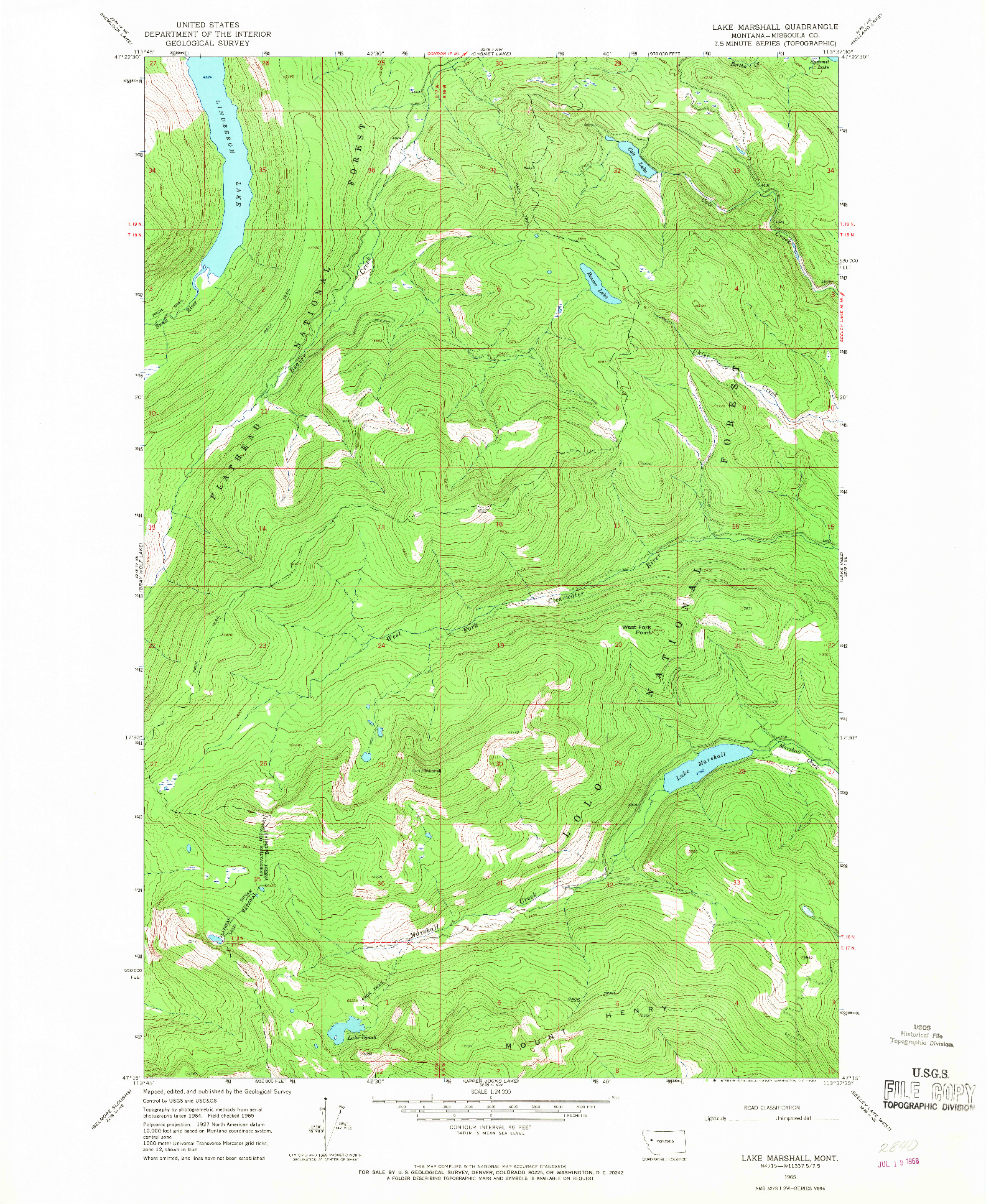 USGS 1:24000-SCALE QUADRANGLE FOR LAKE MARSHALL, MT 1965