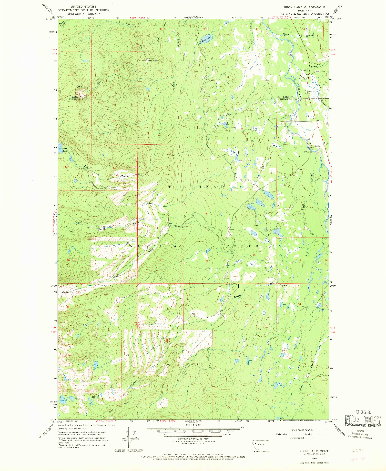 USGS 1:24000-SCALE QUADRANGLE FOR PECK LAKE, MT 1965