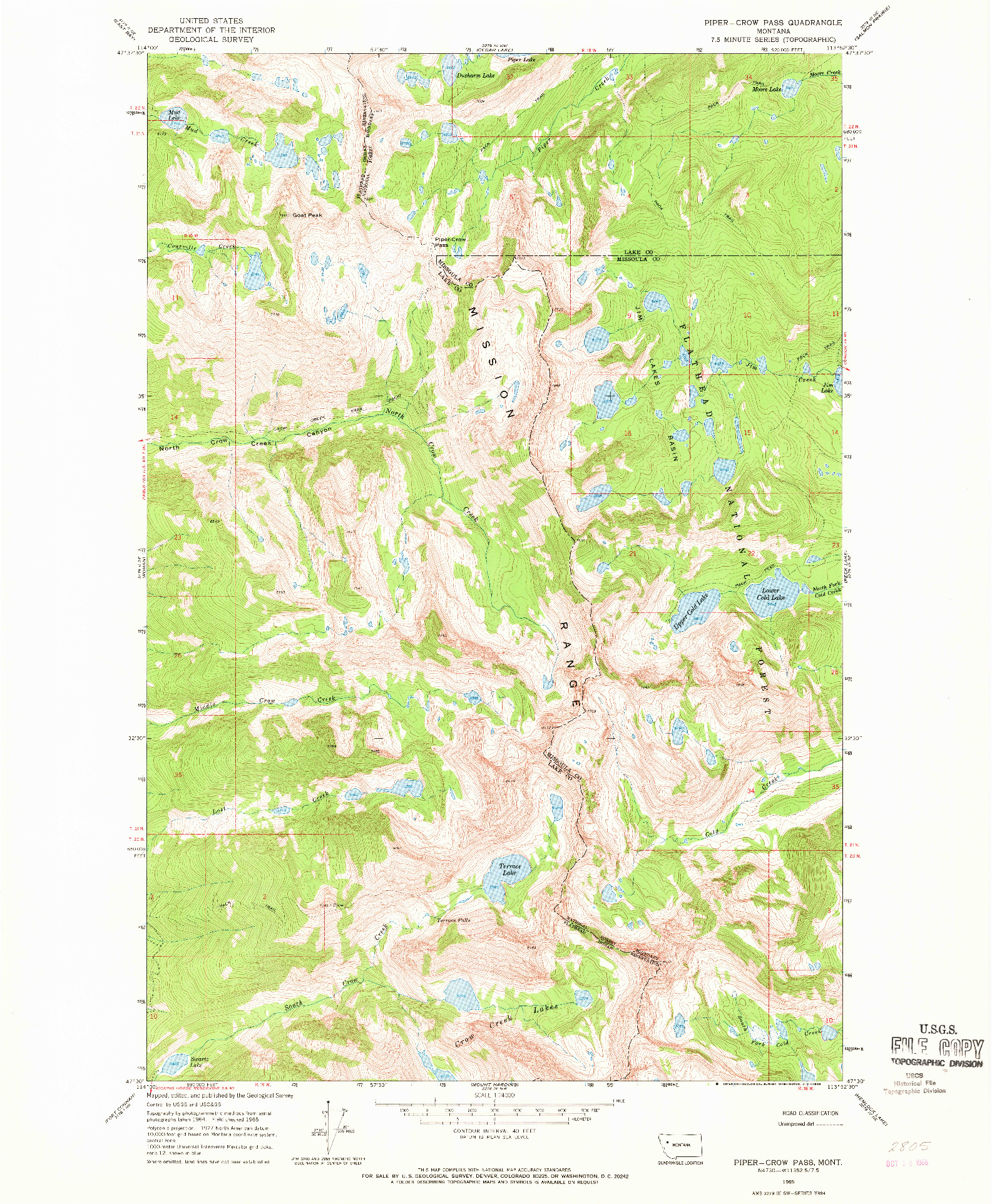 USGS 1:24000-SCALE QUADRANGLE FOR PIPER-CROW PASS, MT 1965