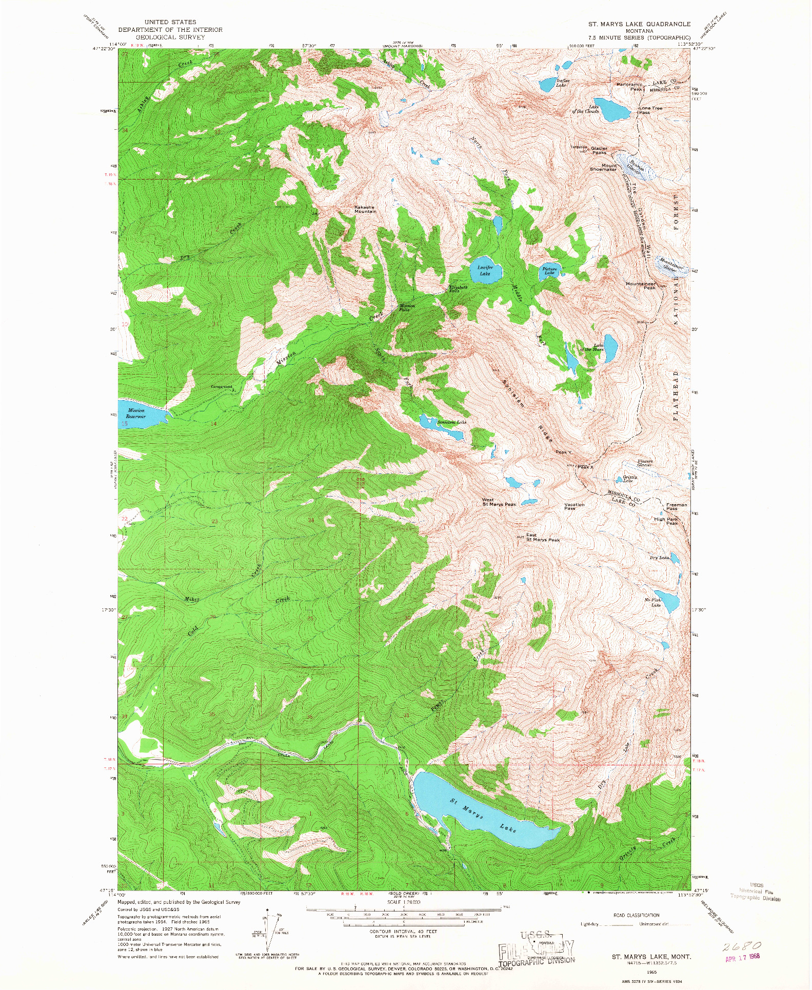 USGS 1:24000-SCALE QUADRANGLE FOR ST MARYS LAKE, MT 1965