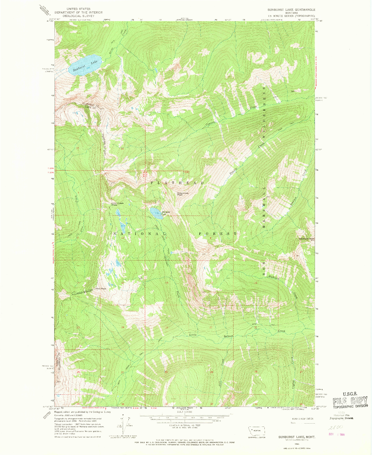 USGS 1:24000-SCALE QUADRANGLE FOR SUNBURST LAKE, MT 1965