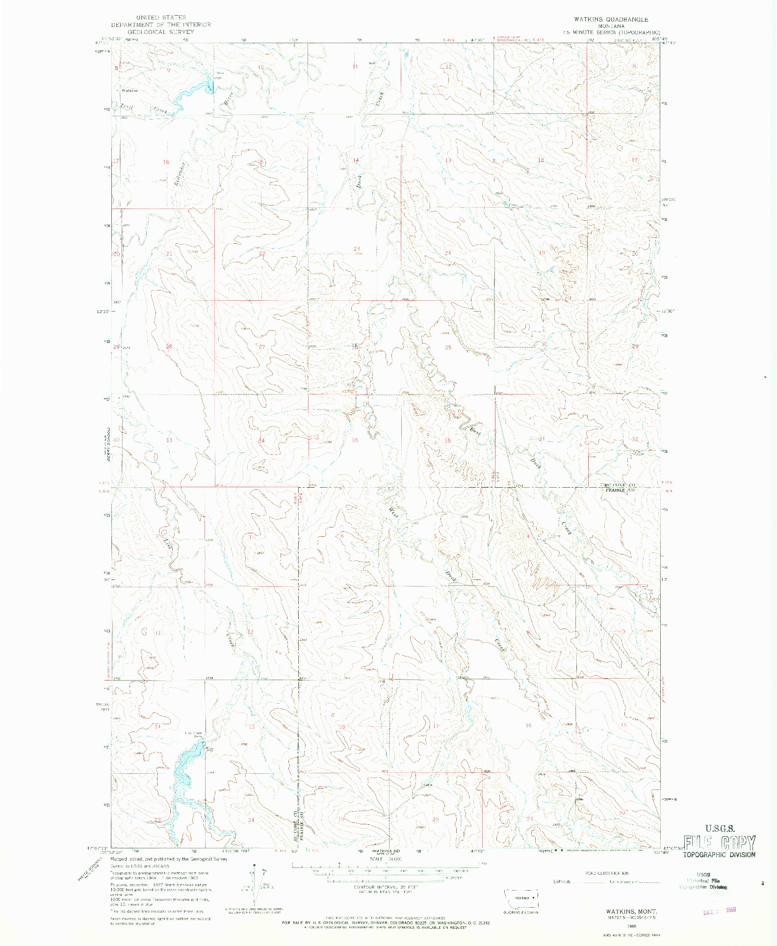 USGS 1:24000-SCALE QUADRANGLE FOR WATKINS, MT 1965