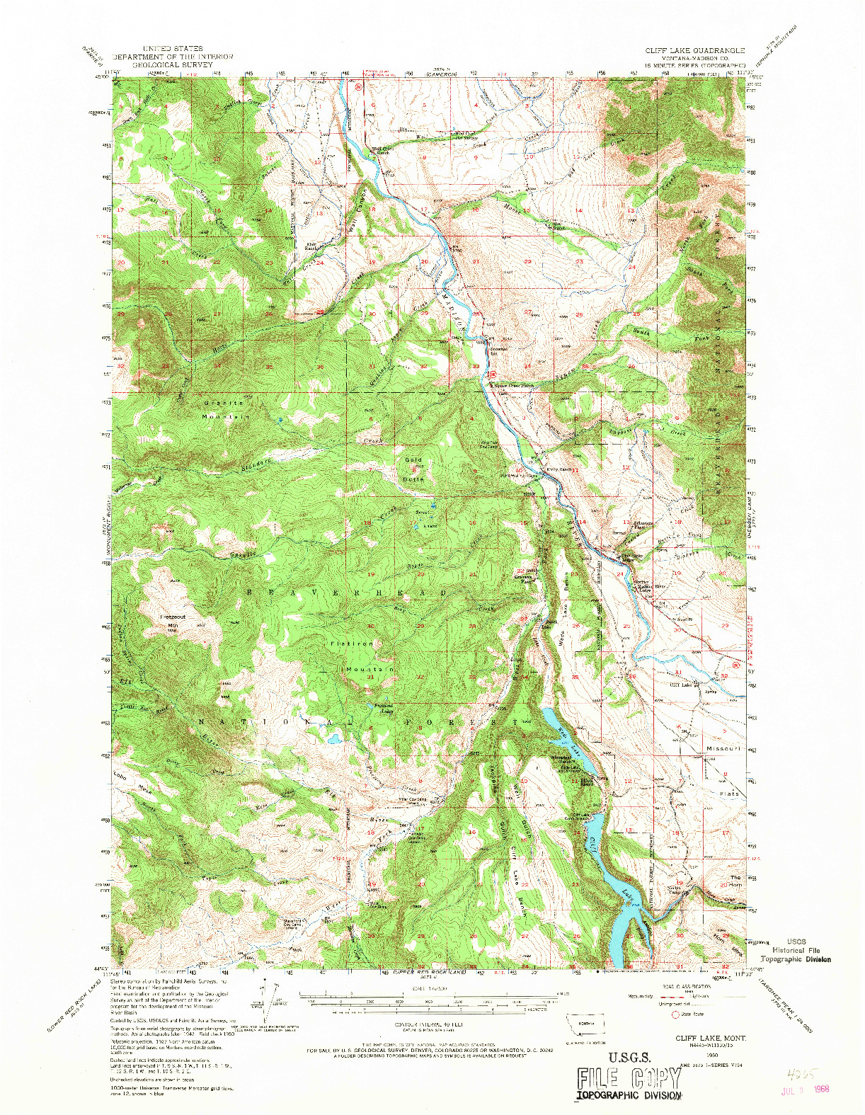 USGS 1:62500-SCALE QUADRANGLE FOR CLIFF LAKE, MT 1950