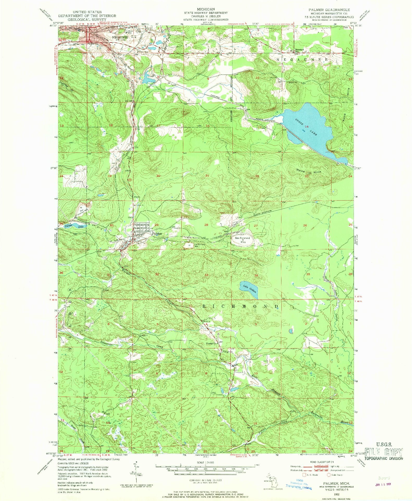 USGS 1:24000-SCALE QUADRANGLE FOR PALMER, MI 1952