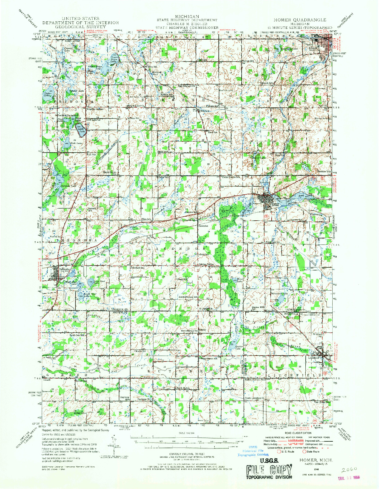 USGS 1:62500-SCALE QUADRANGLE FOR HOMER, MI 1948